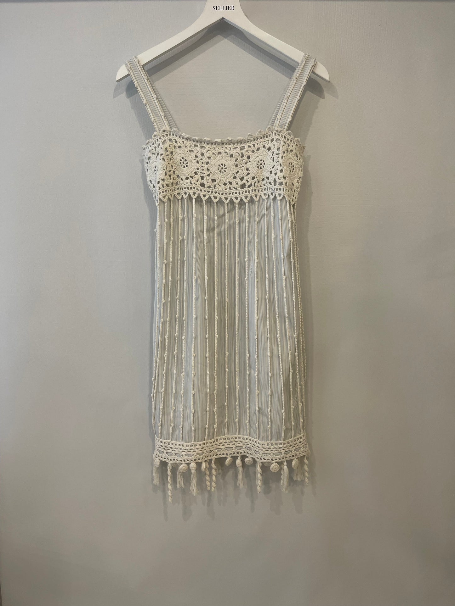 Chanel Spring 2005 Light Blue Striped Mini Dress with White Crochet Detailings Size FR 36 (UK 8)