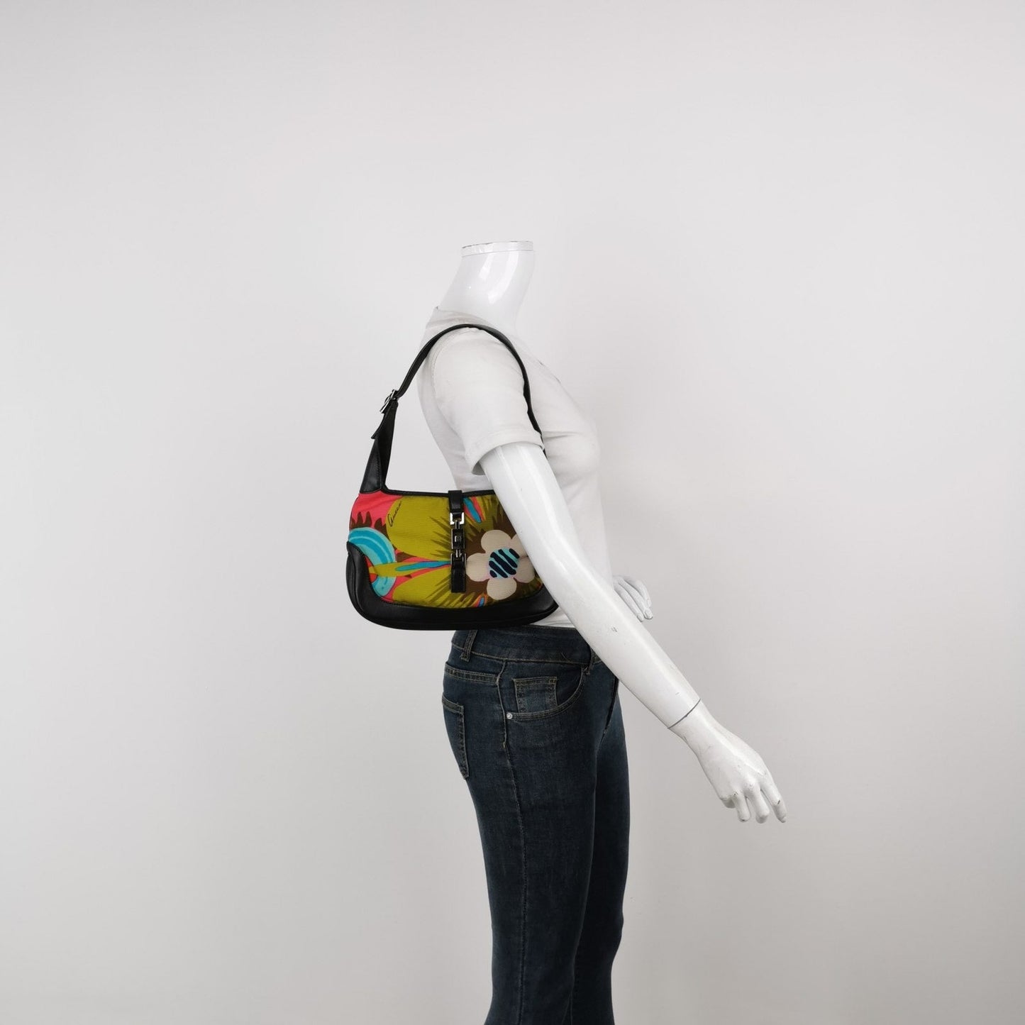 Gucci Jackie   Mini Multicolor Floral Canvas Black Leather Shoulder Bag
