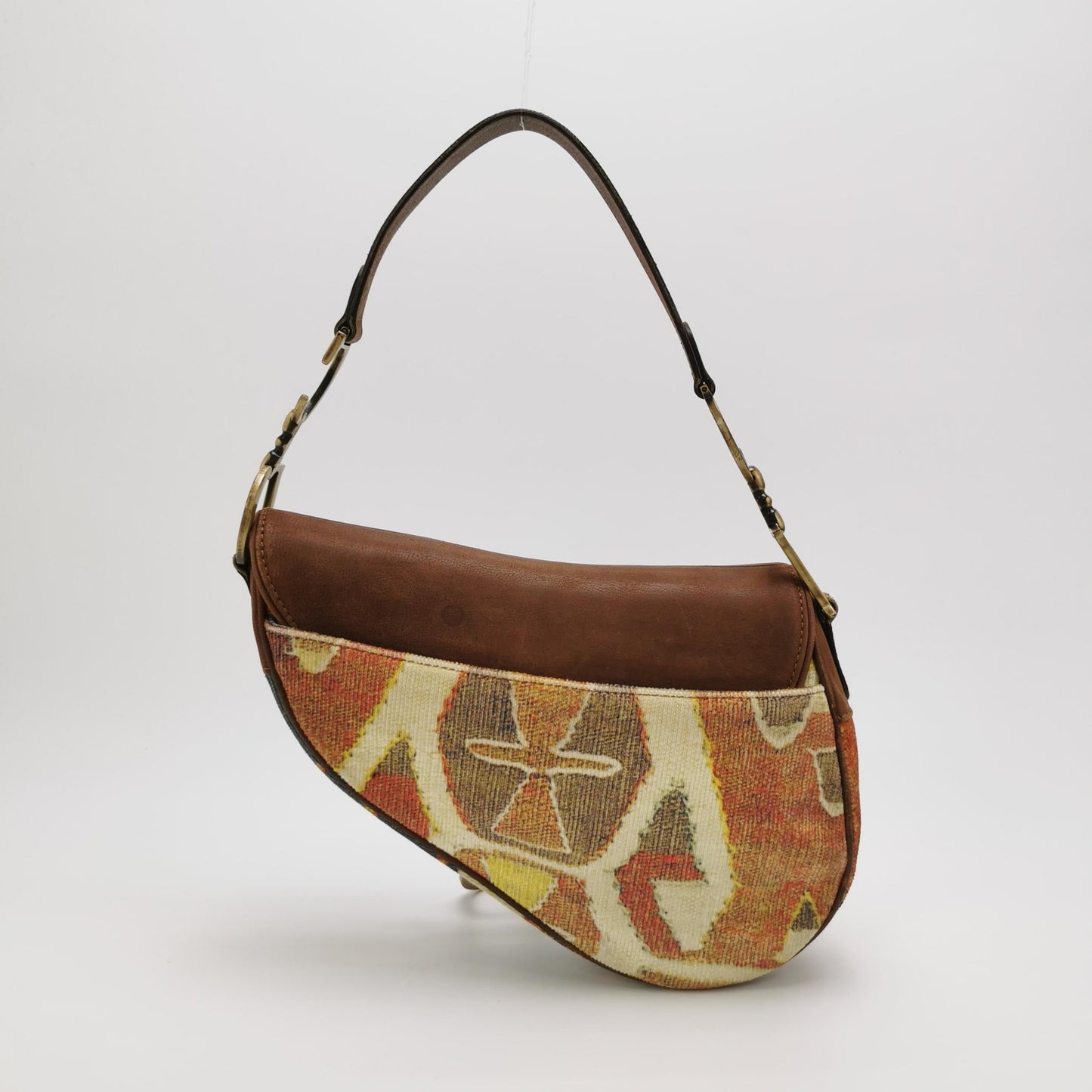 Dior Saddle   Brown Leather Printed Velvet Gold Hardware Shoulder Bag