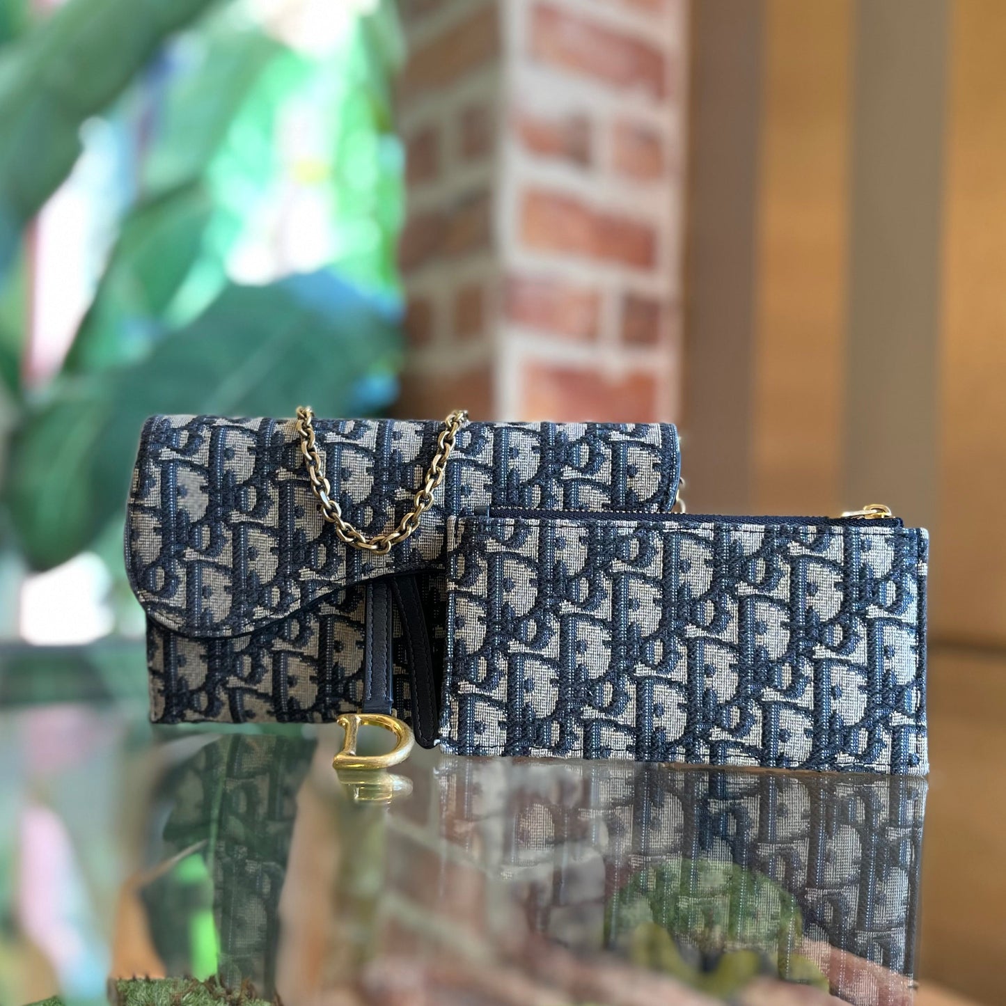DIOR Saddle Pouch w/Chain Blue Dior Oblique Jacquard Crossbody Bag