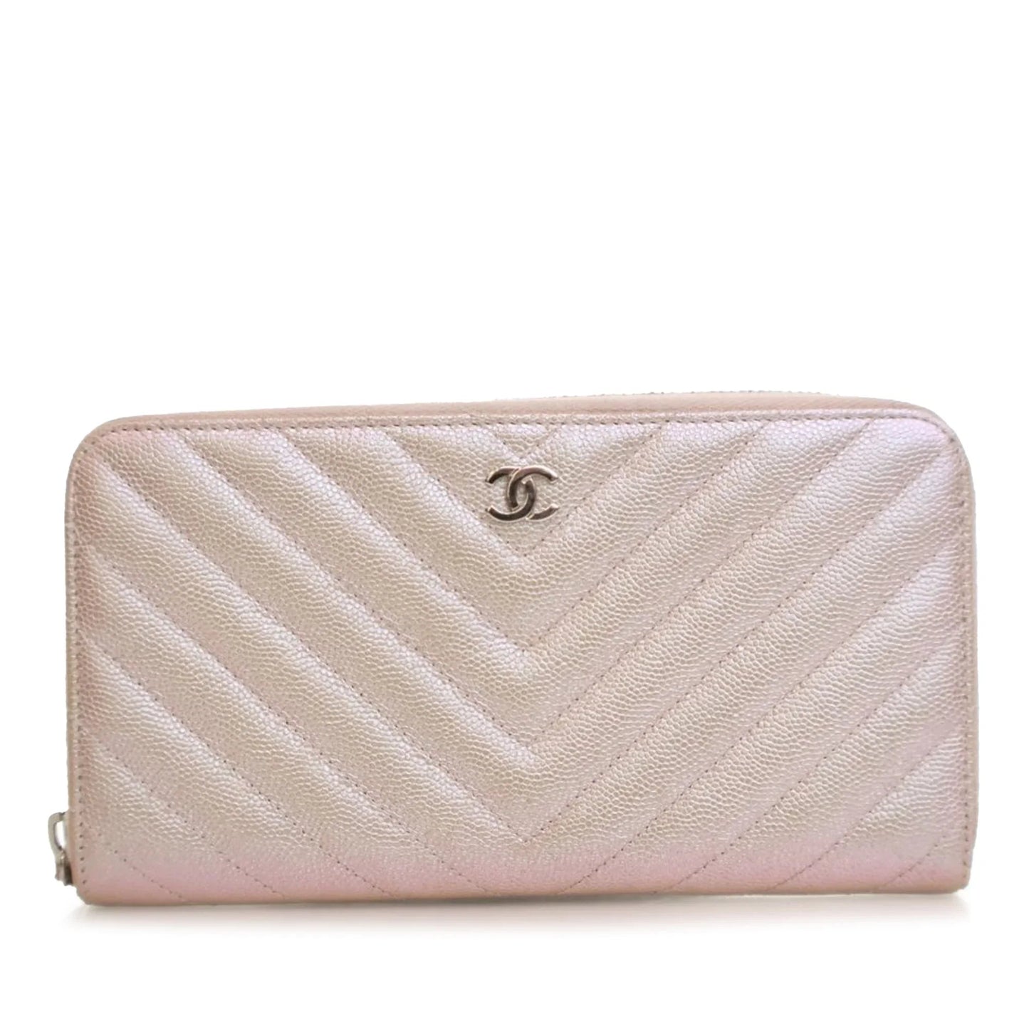 Pink Chanel CC Chevron Iridescent Caviar Zip Around Wallet