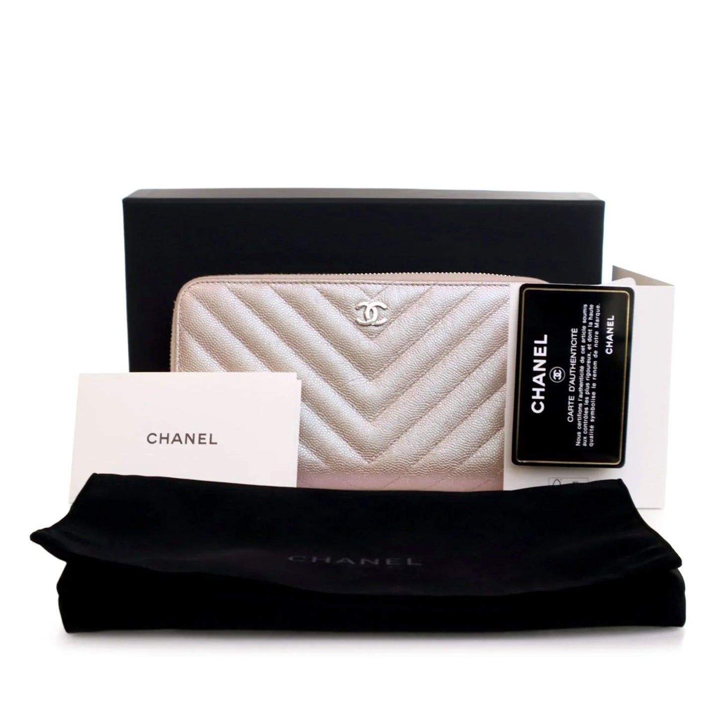 Pink Chanel CC Chevron Iridescent Caviar Zip Around Wallet