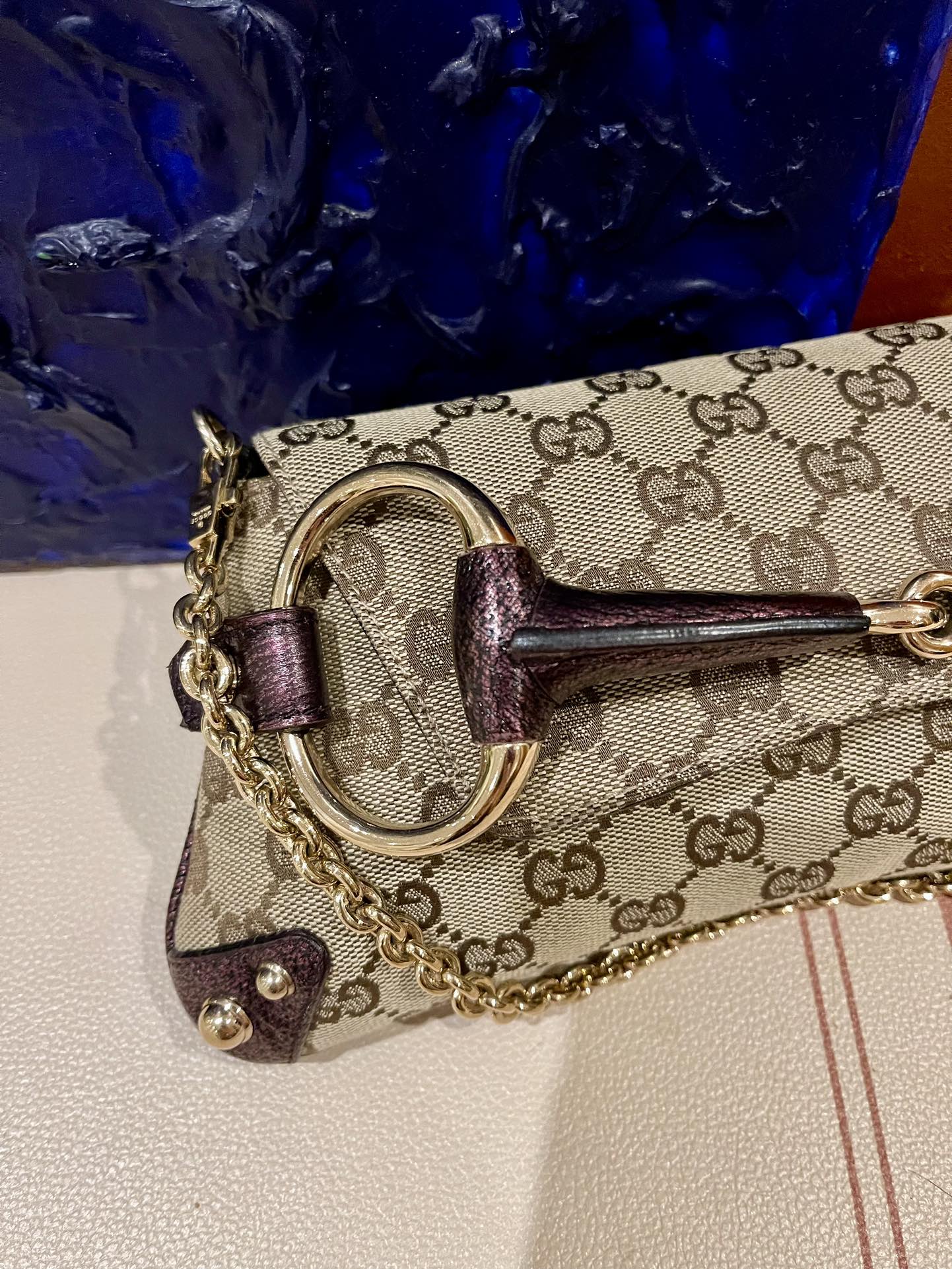 Gucci Horsebit 1955 Chain Bag Gucci Monogram Iridescent Purple Leather and Gold Studs