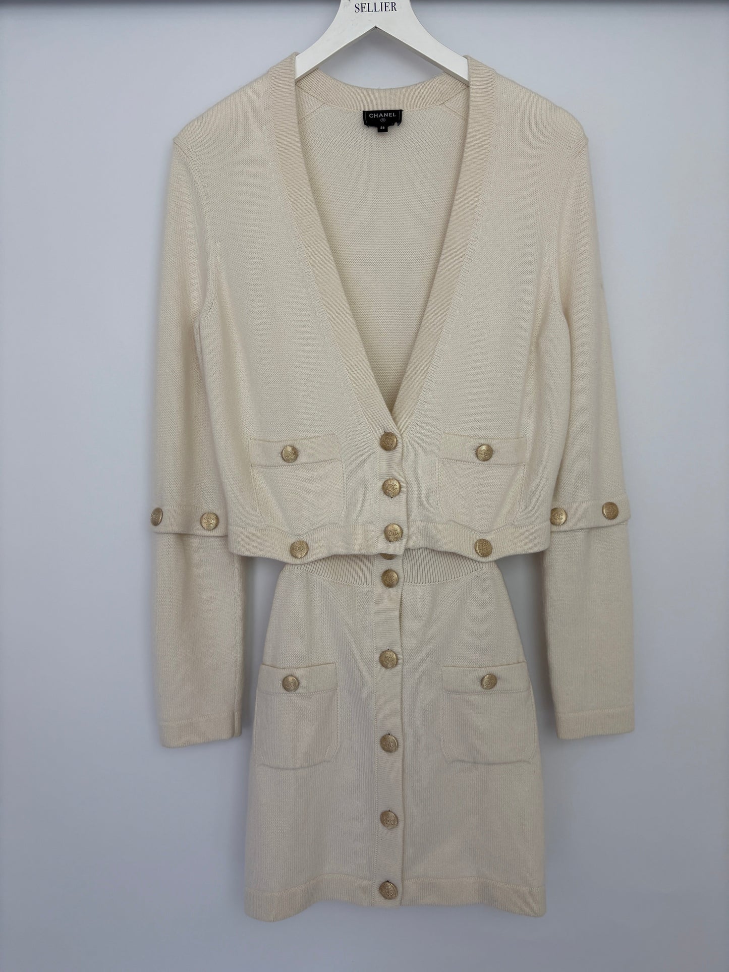 Chanel White Long-Line Cashmere Dress with Gold CC Buttons Detail Size FR 36 (UK 8)