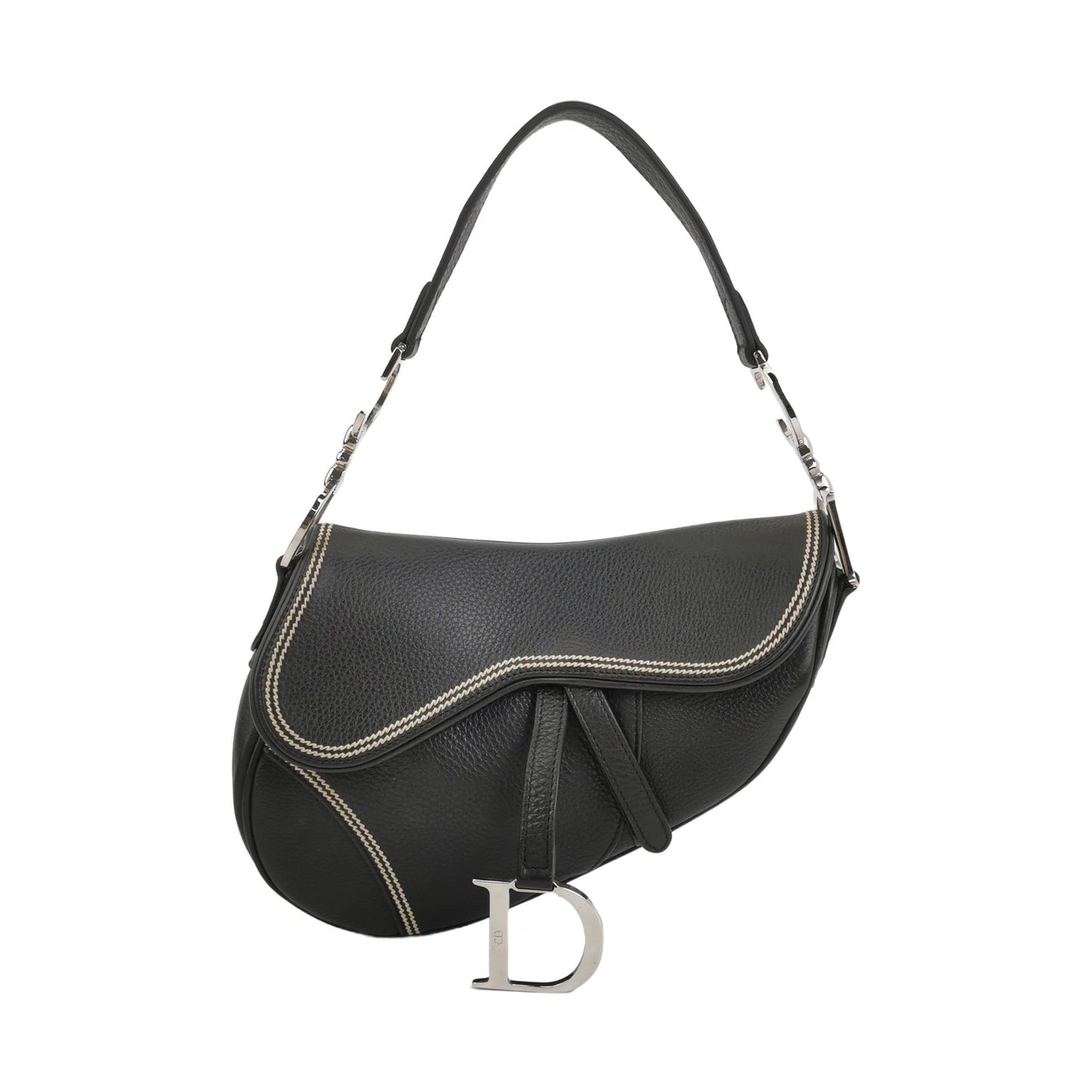 Dior Saddle   Black Calfskin Leather With White Stitching Silver Hardware