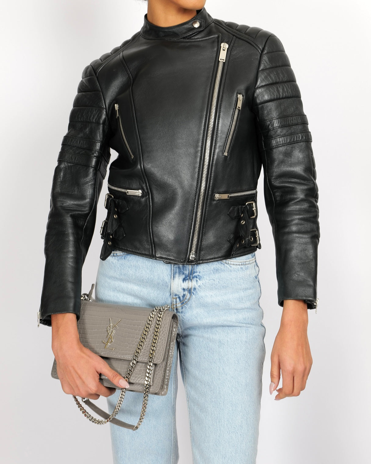 CŽline Black Sheepskin Leather Jacket with Silver Zipper and Buckles Details Size FR 40 (UK 12)