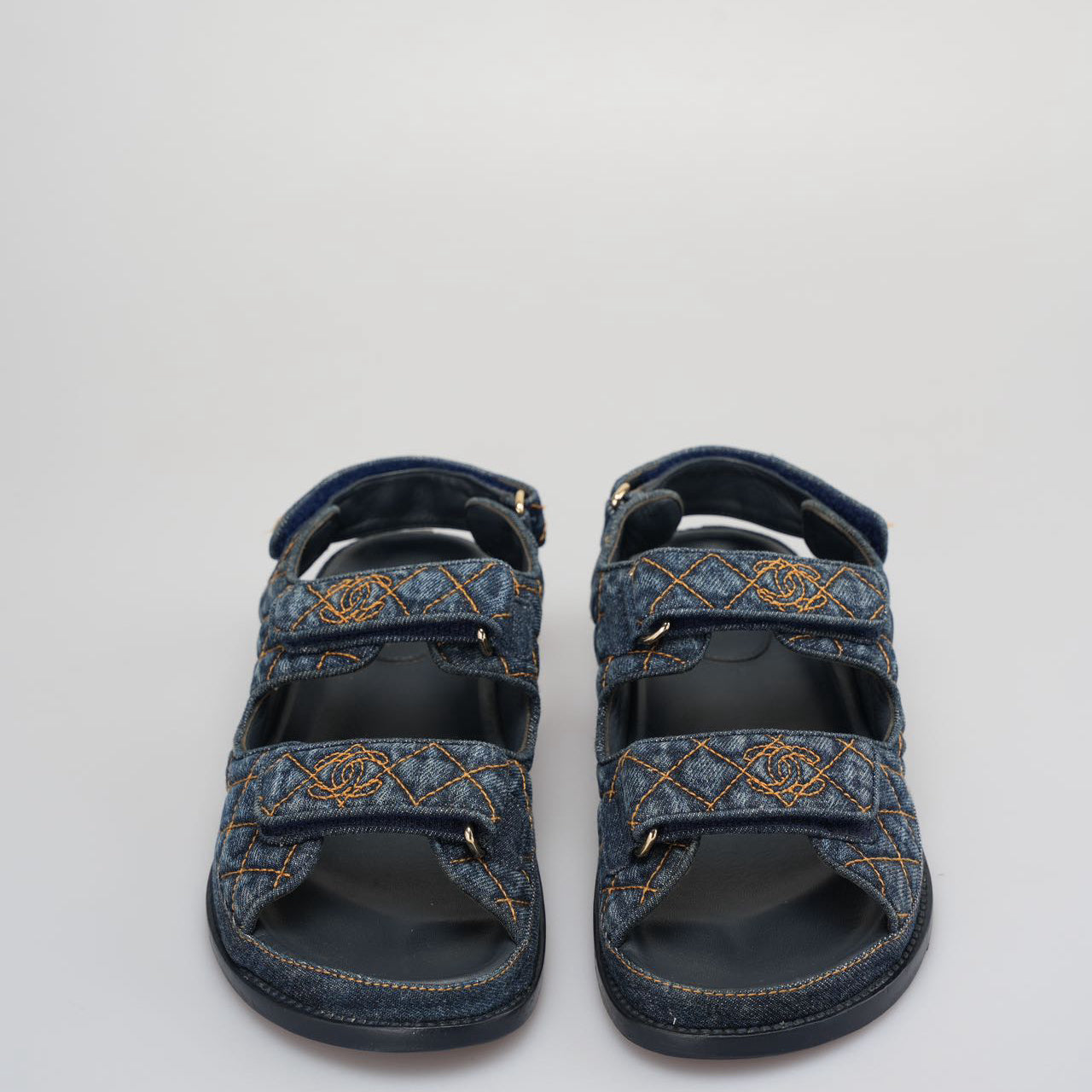 Chanel Denim Velcro Dad Sandals Navy Blue Size 38