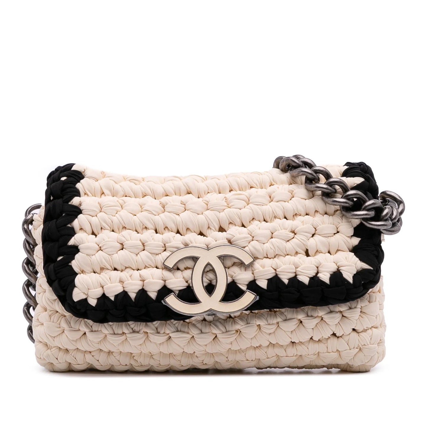 White Chanel Neoprene Fancy Crochet Flap Shoulder Bag