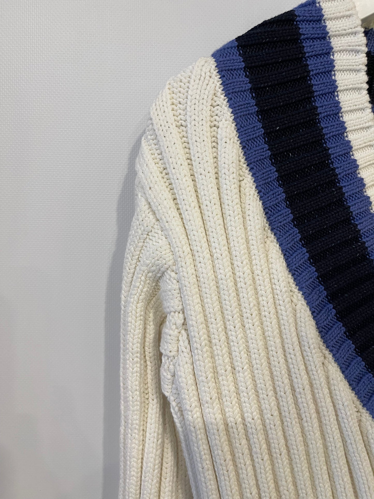 Chanel Resort 2014 White, Black and Navy V Neck Knit Jumper with CC Button Details Size FR 40 (UK 12)