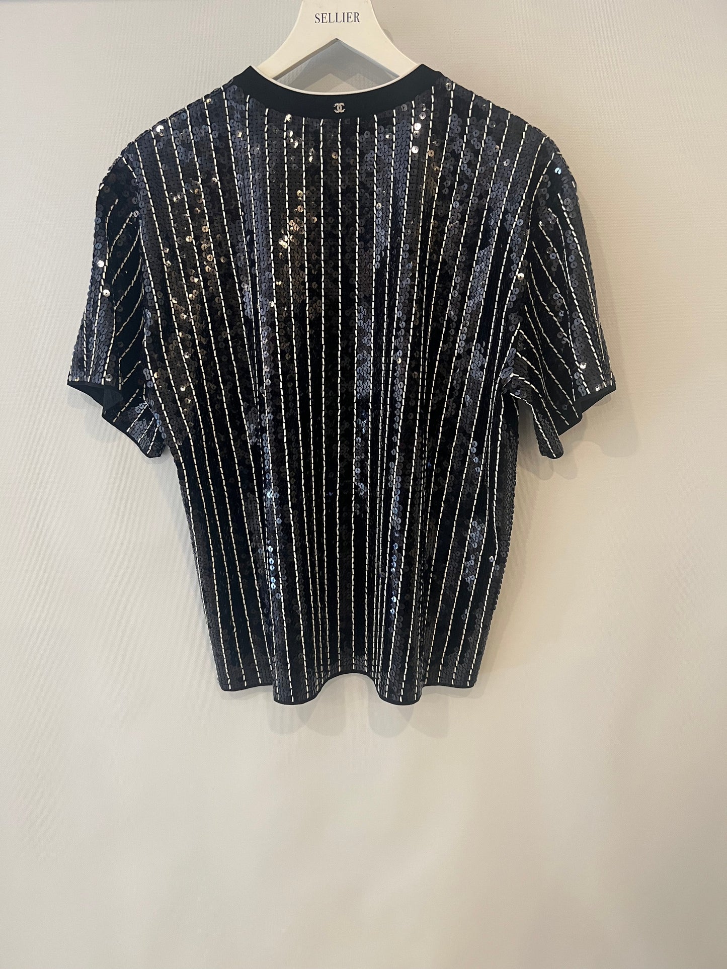 Chanel Spring/Summer 2023 Navy and White Striped Sequins T-Shirt with CC Logo Size FR 40 (UK 12)