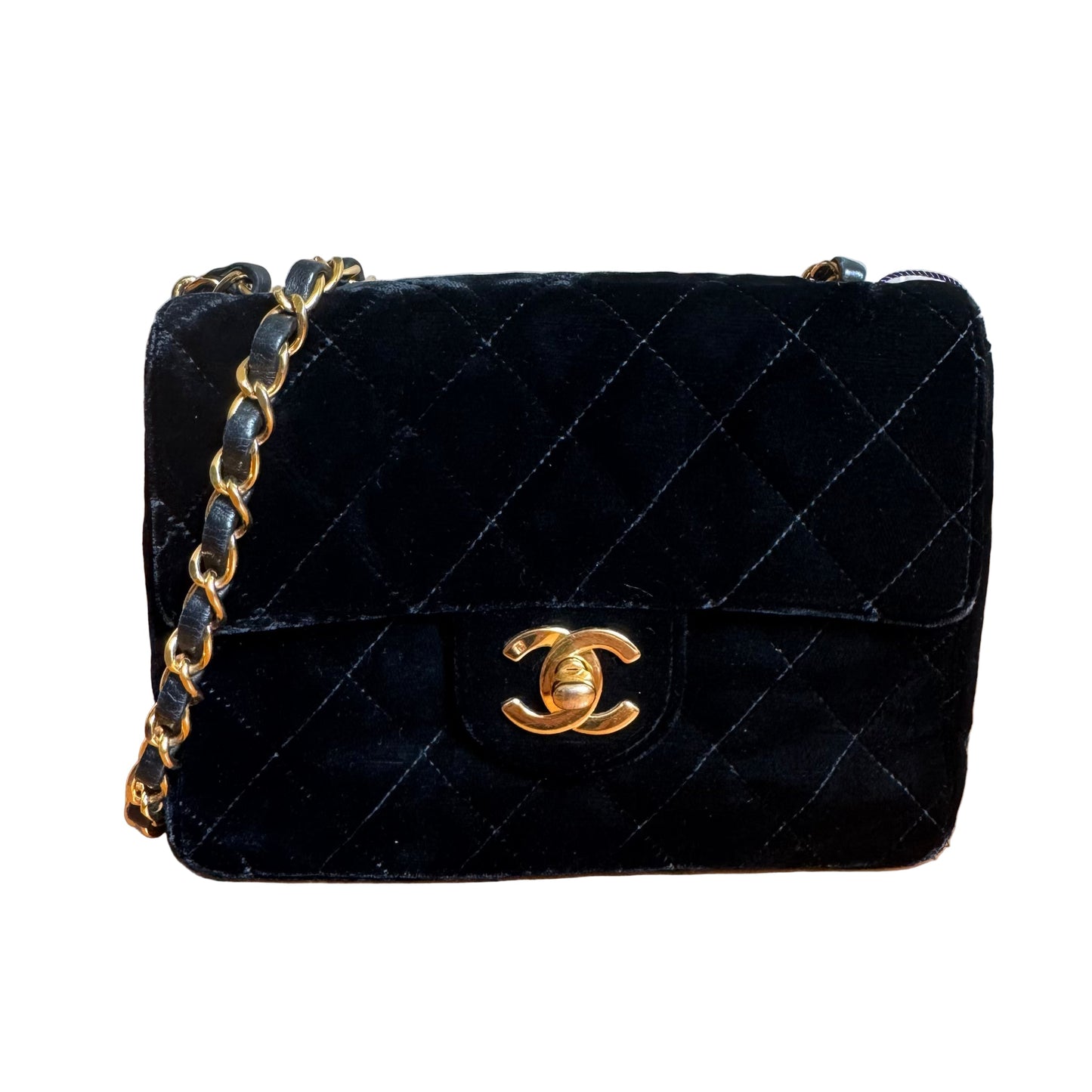 Chanel Classic Flap Mini Square   Black Velvet 24k Gold Hardware 1991-94