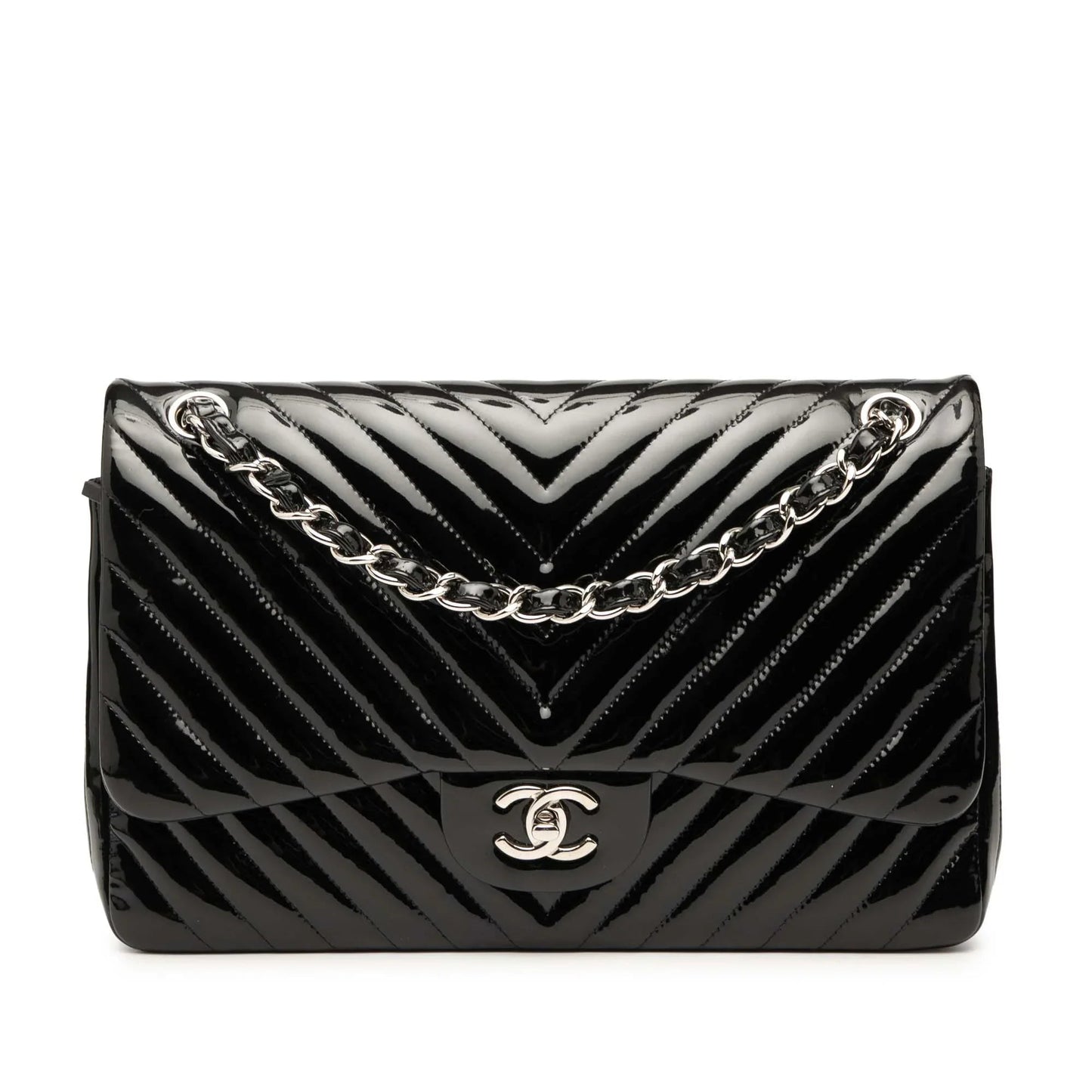 Black Chanel Jumbo Classic Chevron Patent Double Flap Shoulder Bag