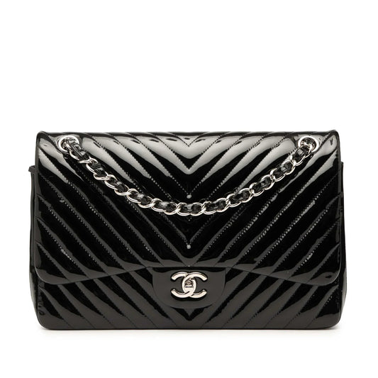 Black Chanel Jumbo Classic Chevron Patent Double Flap Shoulder Bag