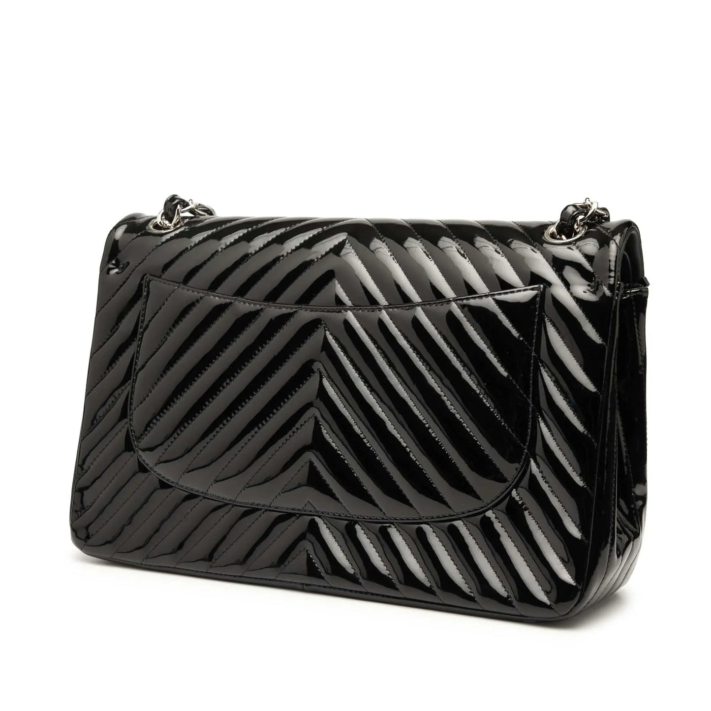 Black Chanel Jumbo Classic Chevron Patent Double Flap Shoulder Bag