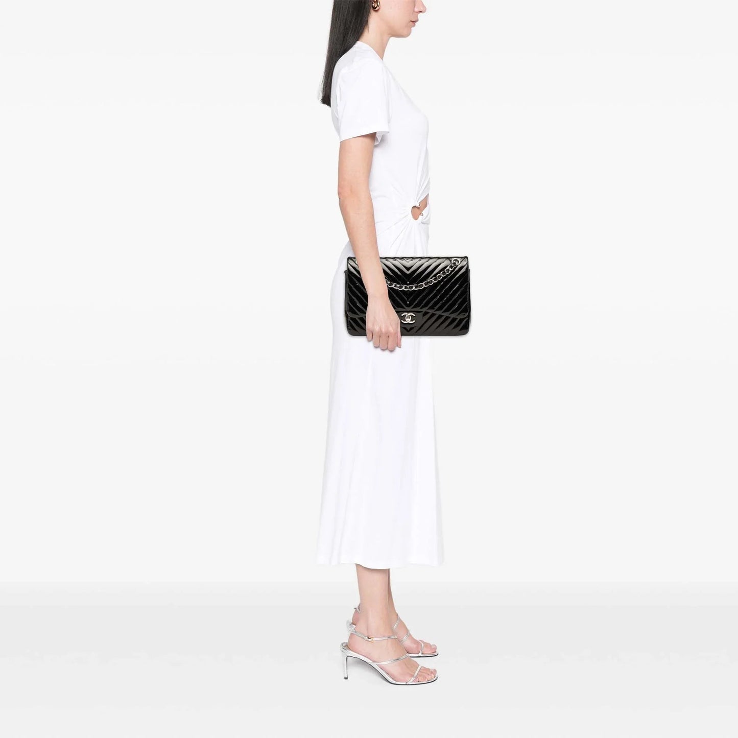 Black Chanel Jumbo Classic Chevron Patent Double Flap Shoulder Bag