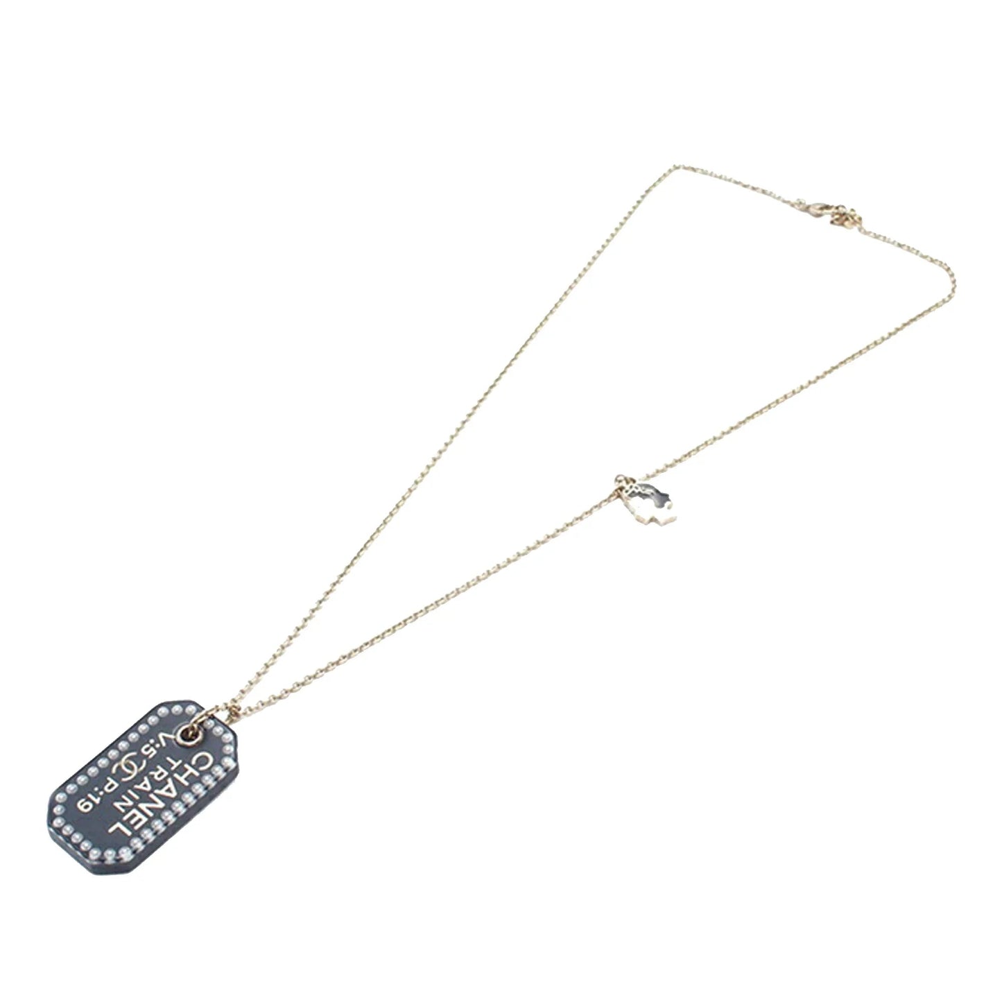 Gold Chanel Gold Plated Resin Train Tag Pendant Necklace