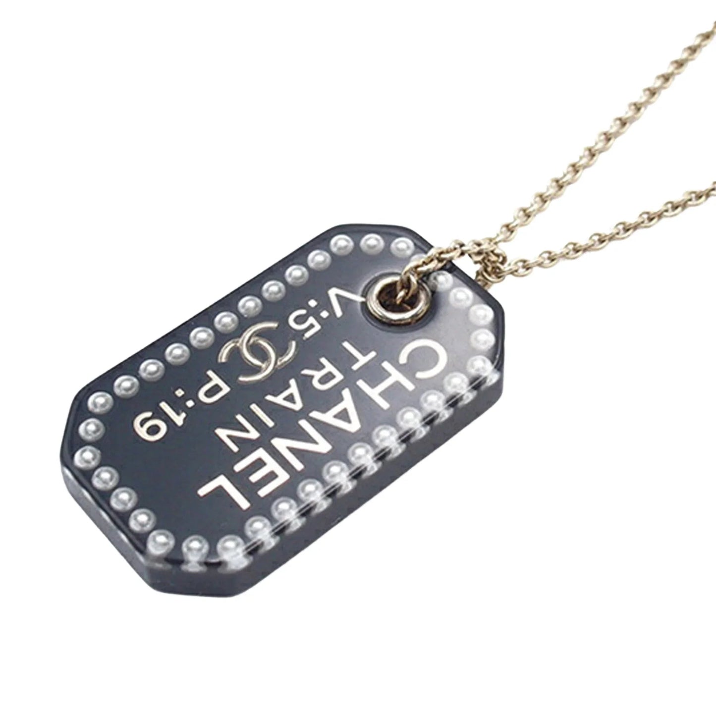Gold Chanel Gold Plated Resin Train Tag Pendant Necklace