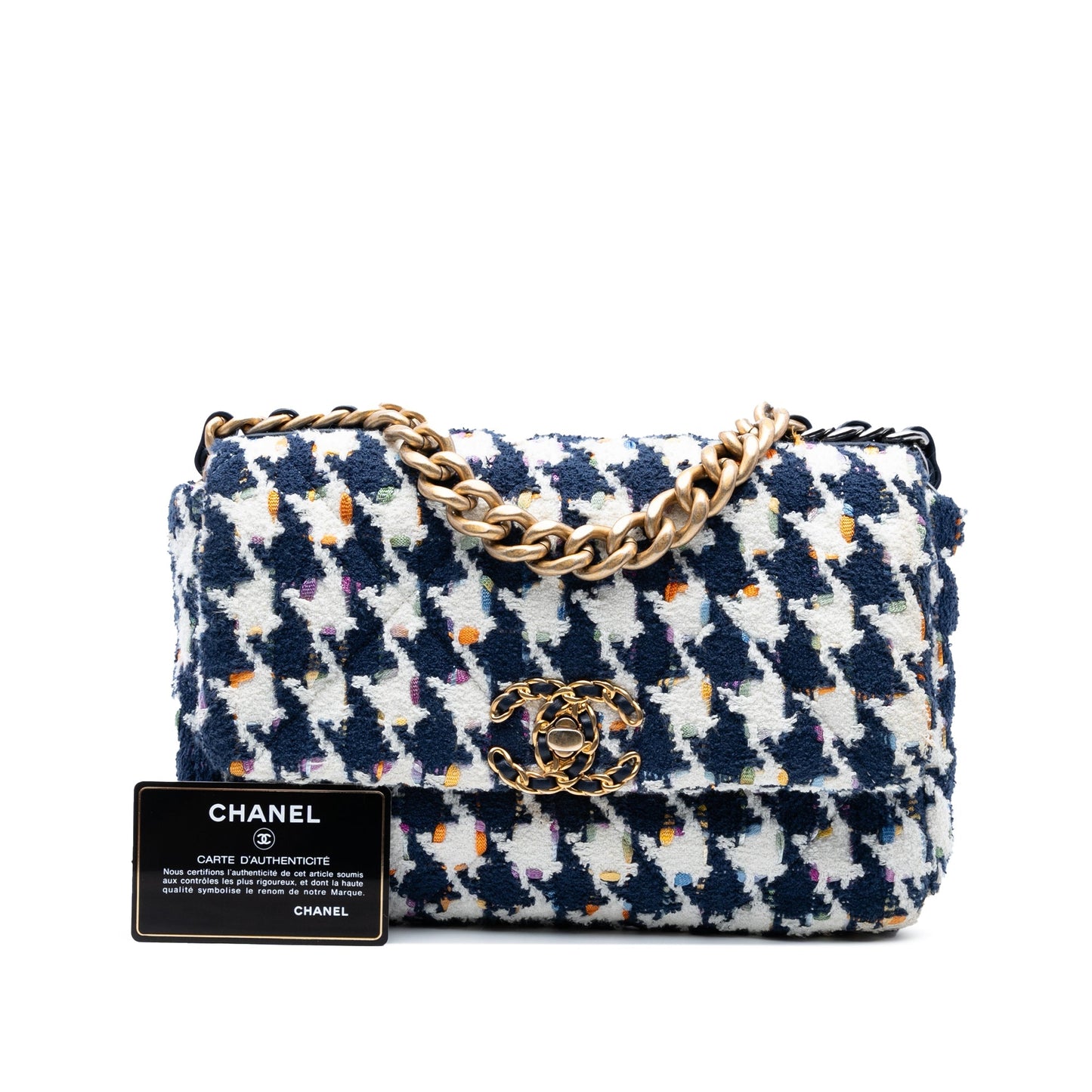 Blue Chanel Medium Houndstooth Tweed 19 Flap Satchel