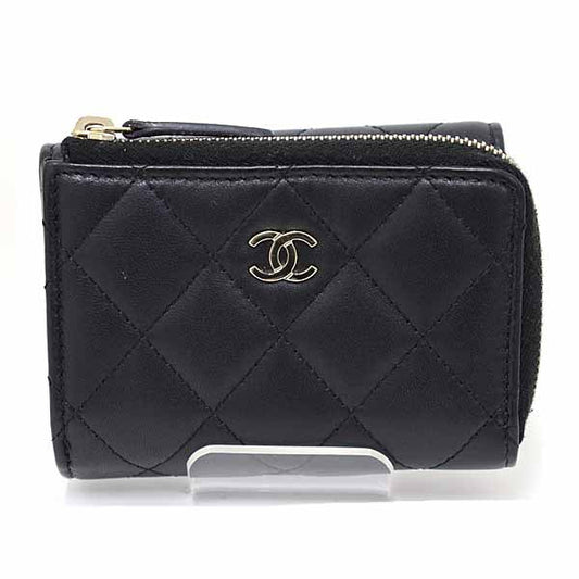 CHANEL Tri-fold wallet lambskin black Compact wallet
