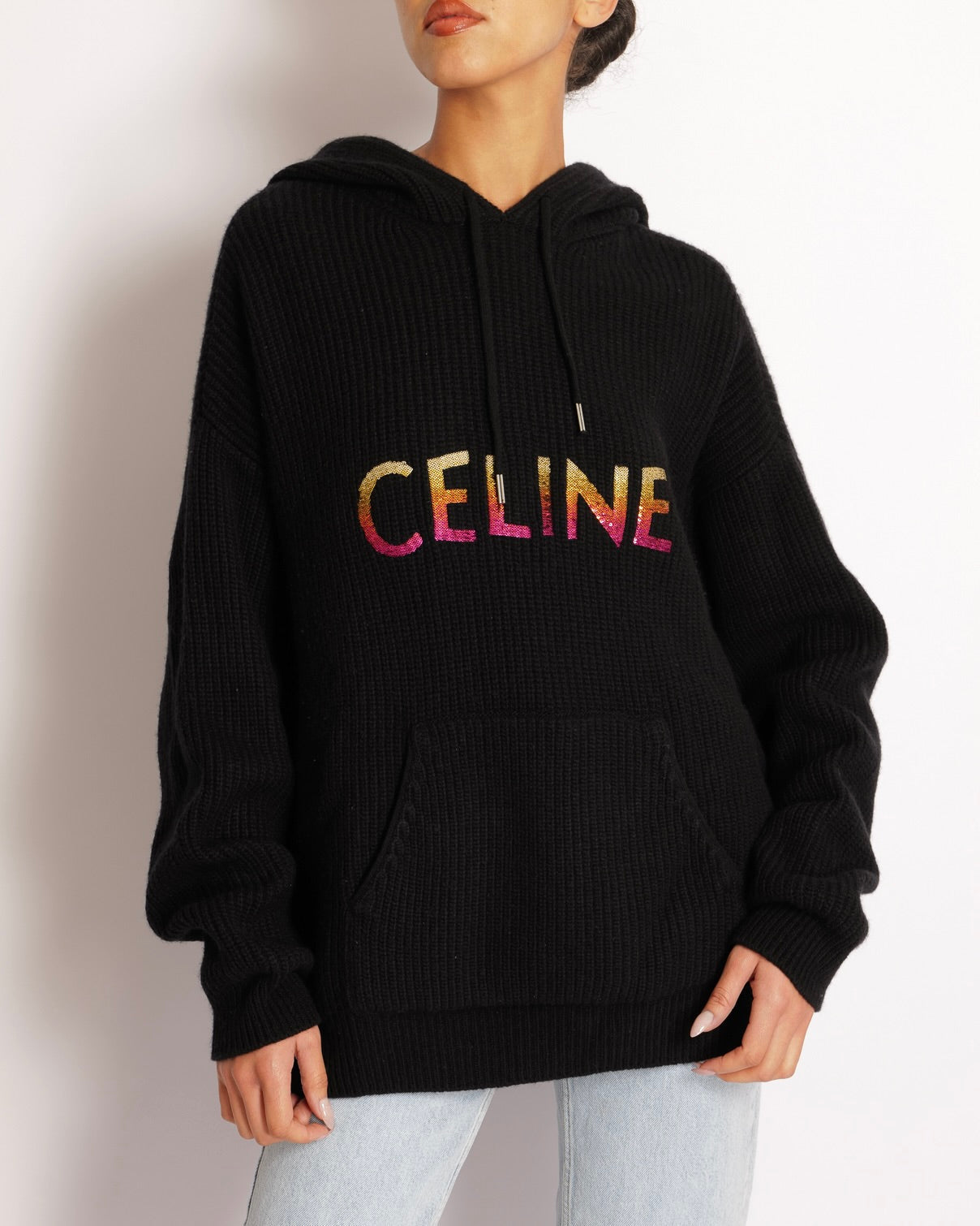Celine Black Wool Knit Hooded Jumper with Multi-Colour Ombre Sequin Logo Size XS (UK 6) RRP £1,500