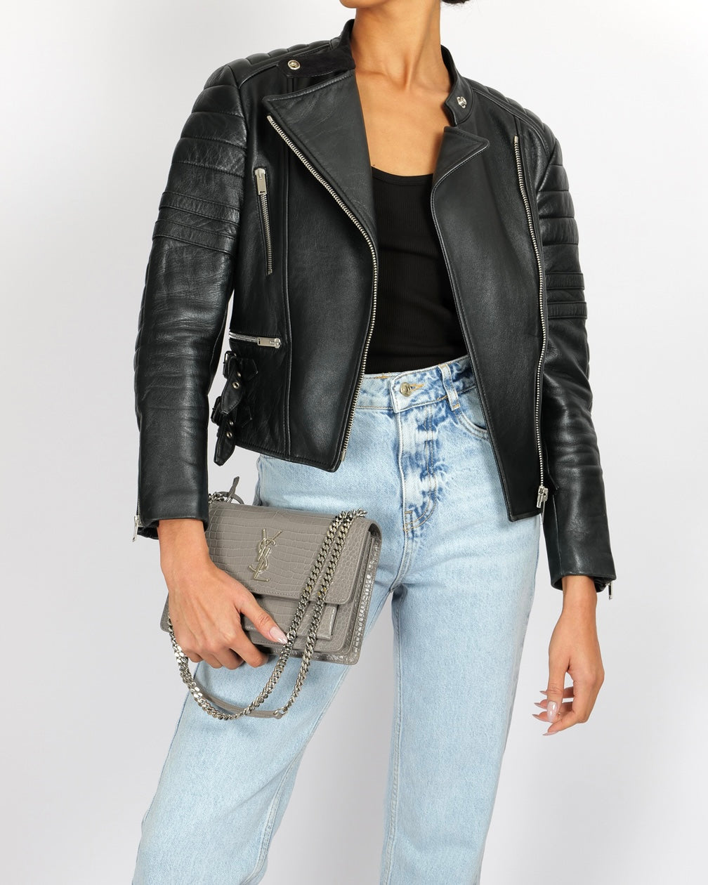 CŽline Black Sheepskin Leather Jacket with Silver Zipper and Buckles Details Size FR 40 (UK 12)