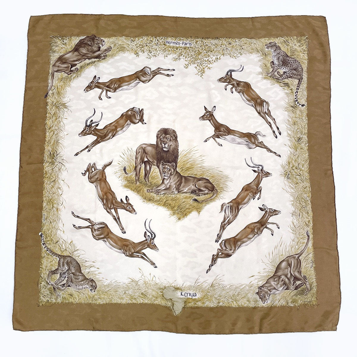 HERMES scarf Silk, 100% silk Brown KENYA Kenya Animal Carre 90 Women  d
