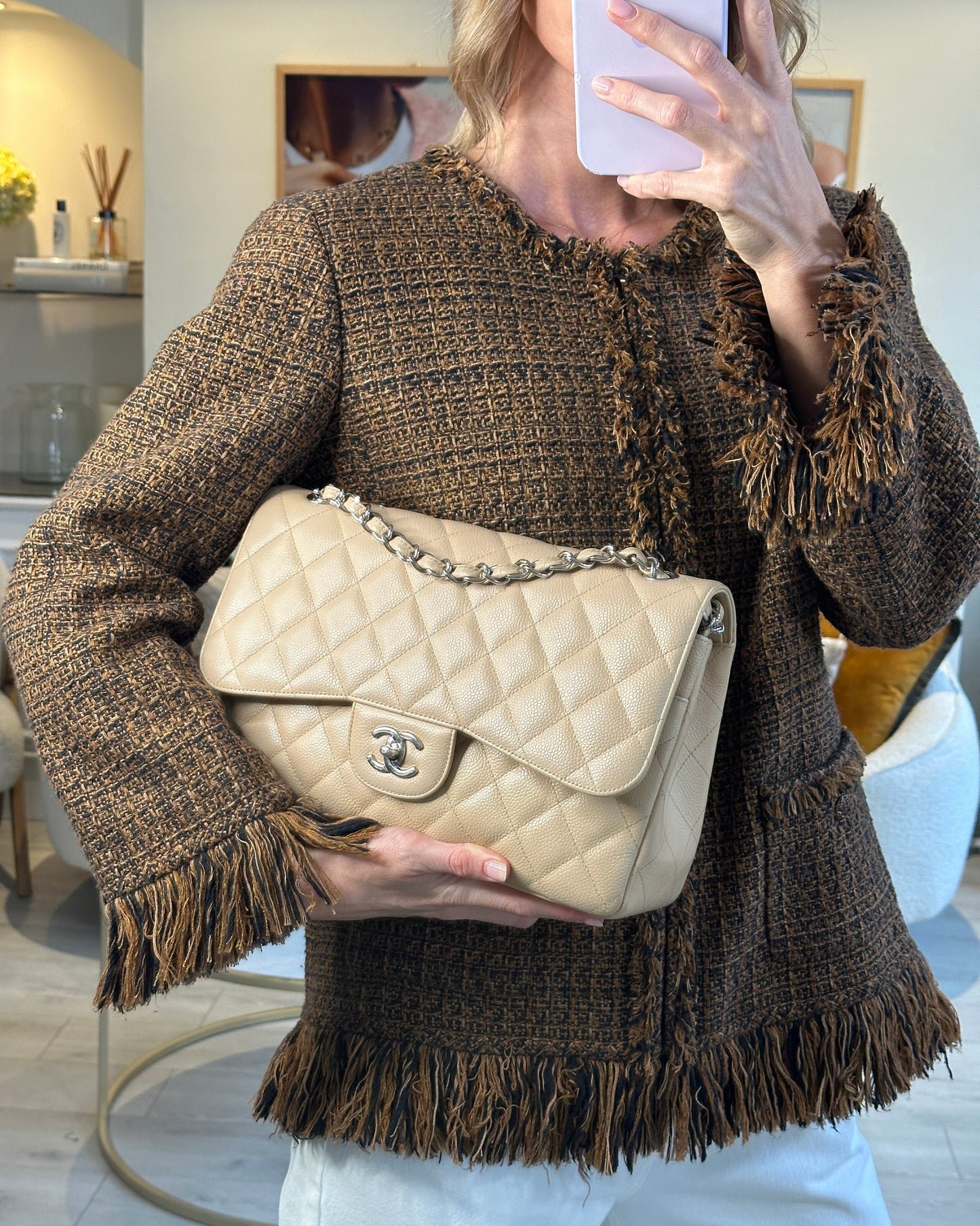Chanel Beige Jumbo Classic Double Flap Bag in Caviar Leather with Silver Hardware RRP ¬£9,240