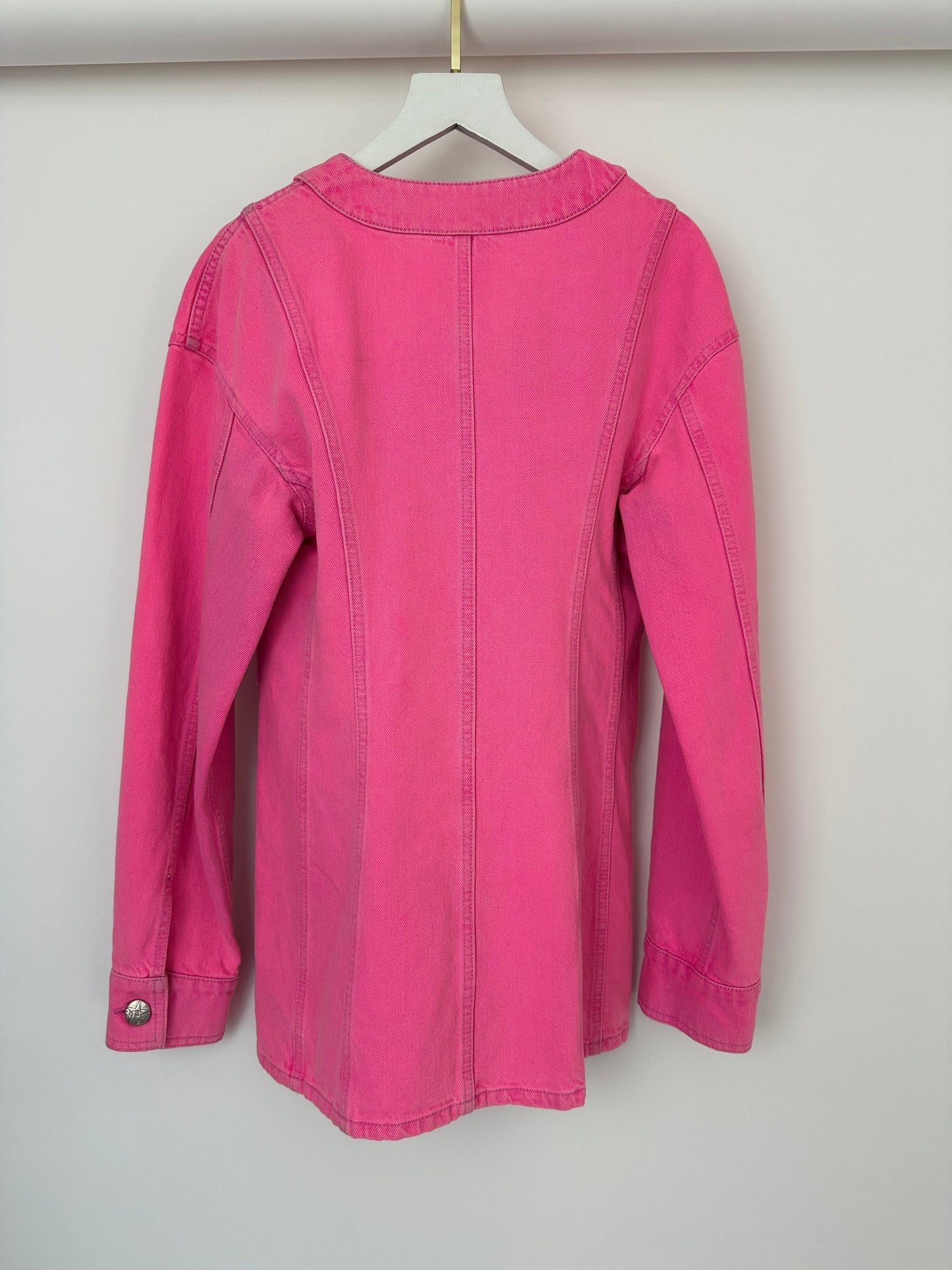 *HOT* Chanel 21S Hot Pink Denim Jacket with Detachable Camelia Pin Detail Size FR 34 (UK 6)