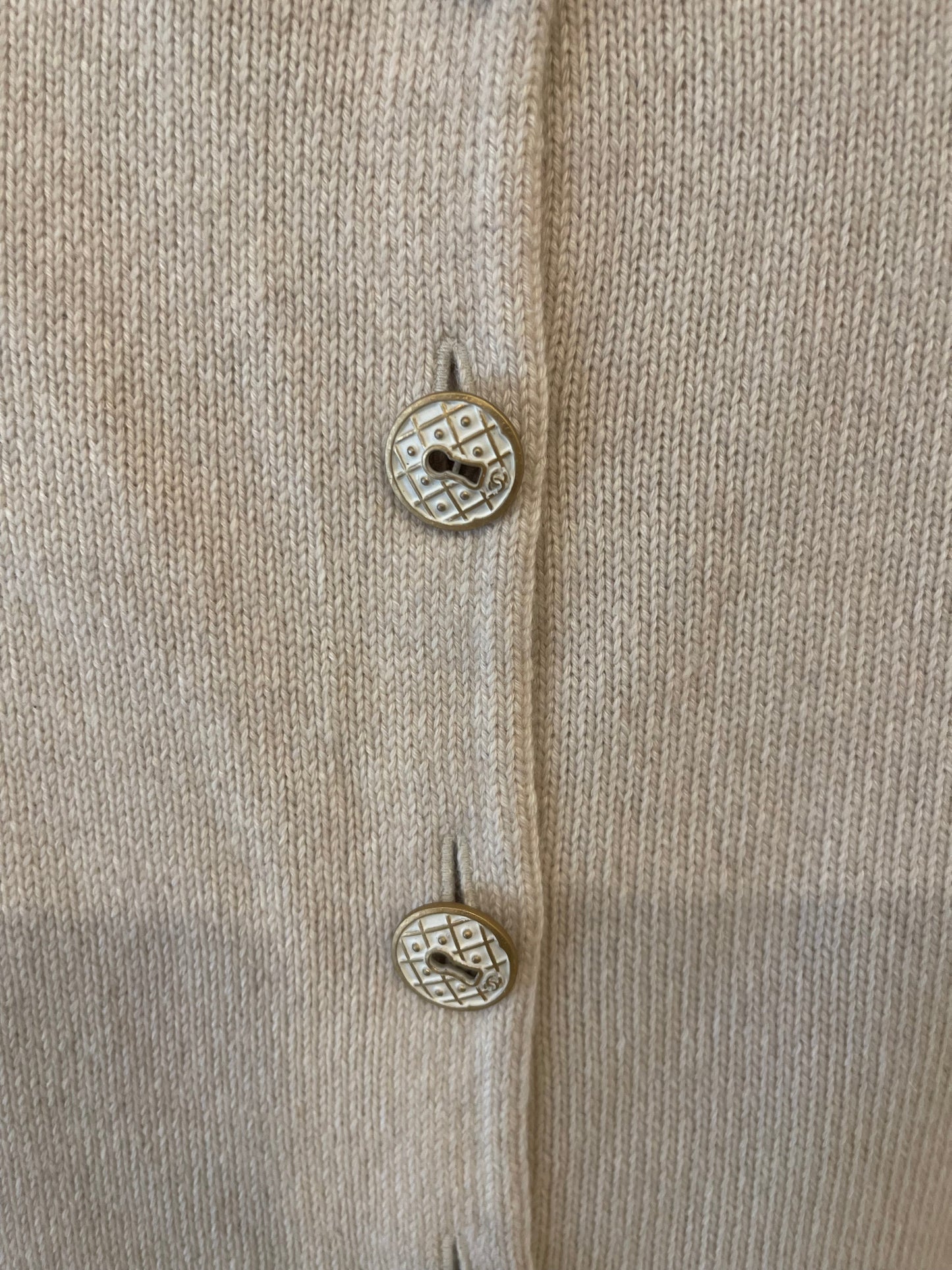 Chanel Beige Cashmere Cardigan with Gold and White Keyhole CC Buttons Size FR 36 (UK 8)