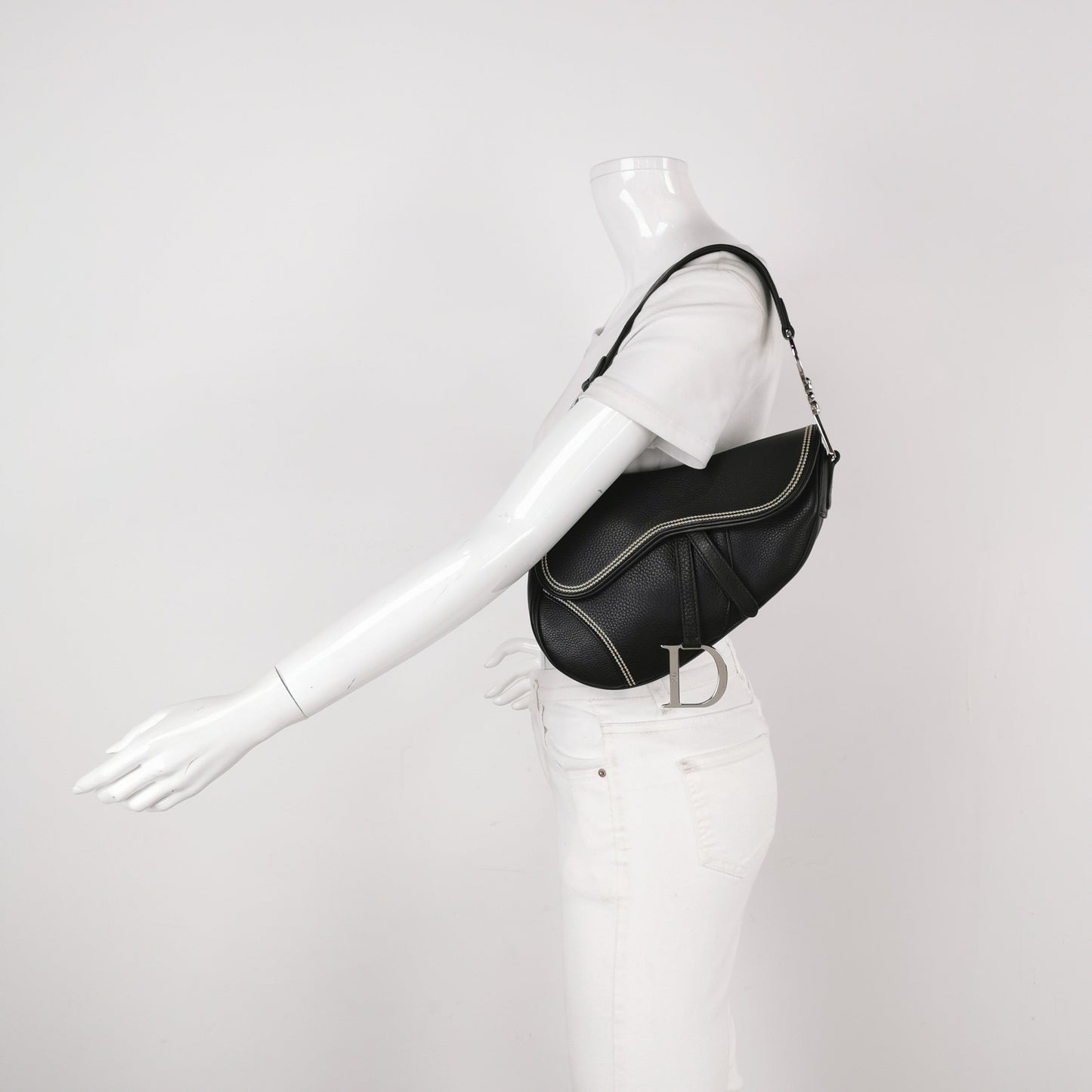 Dior Saddle   Black Calfskin Leather With White Stitching Silver Hardware