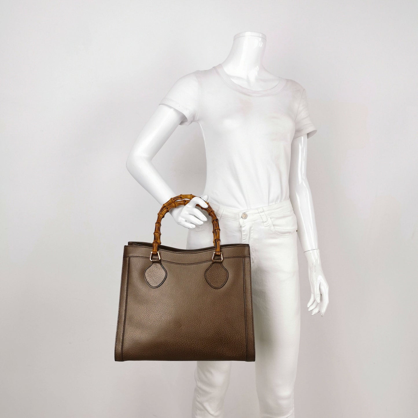 Gucci Diana   Large Metallic Copper Calfskin Leather Bamboo Top Handles Tote Bag