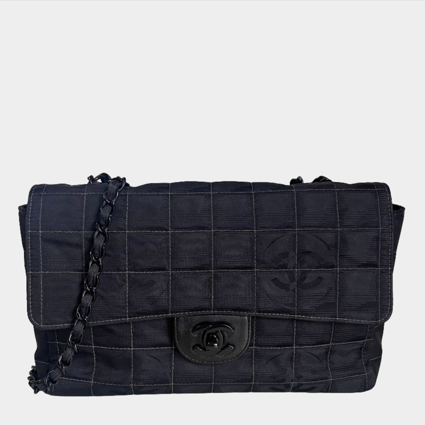 Chanel So Black Canvas Classic Flap 2002 Ice Cube Chocolate Bar Shoulder Bag Black Hardware