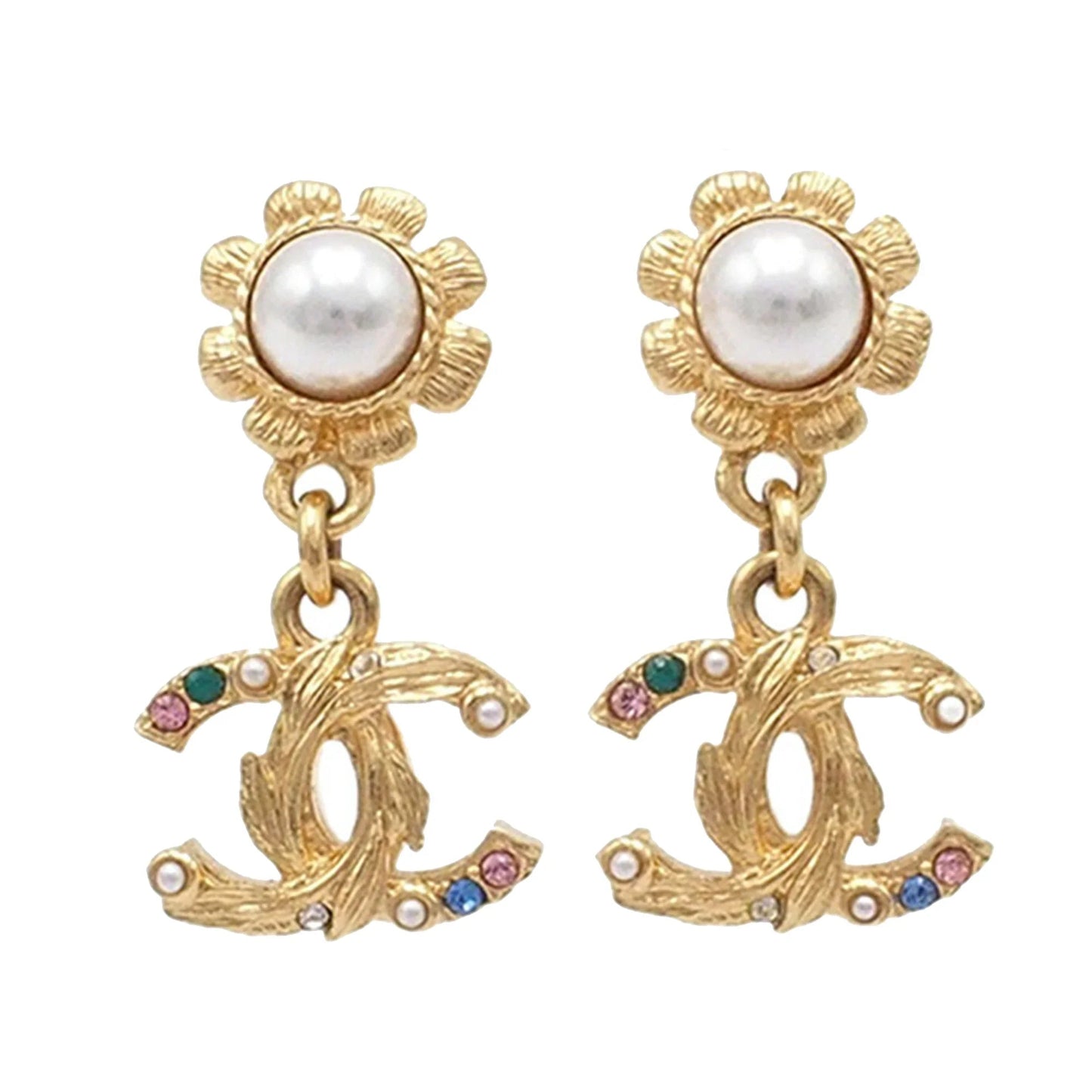 Gold Chanel CC Gold Plated Faux Pearl and Rhinestone Swing Push Back Earrings