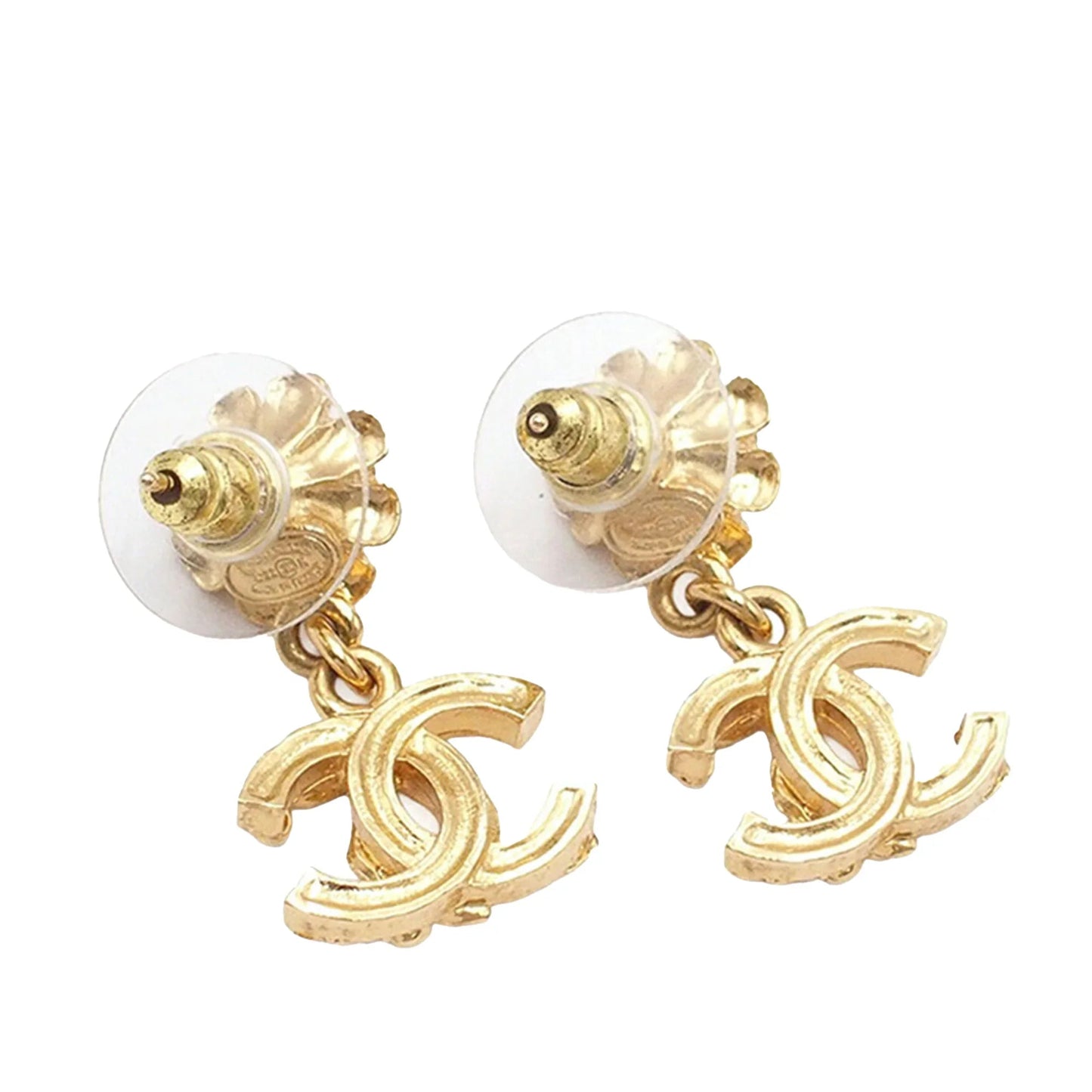 Gold Chanel CC Gold Plated Faux Pearl and Rhinestone Swing Push Back Earrings