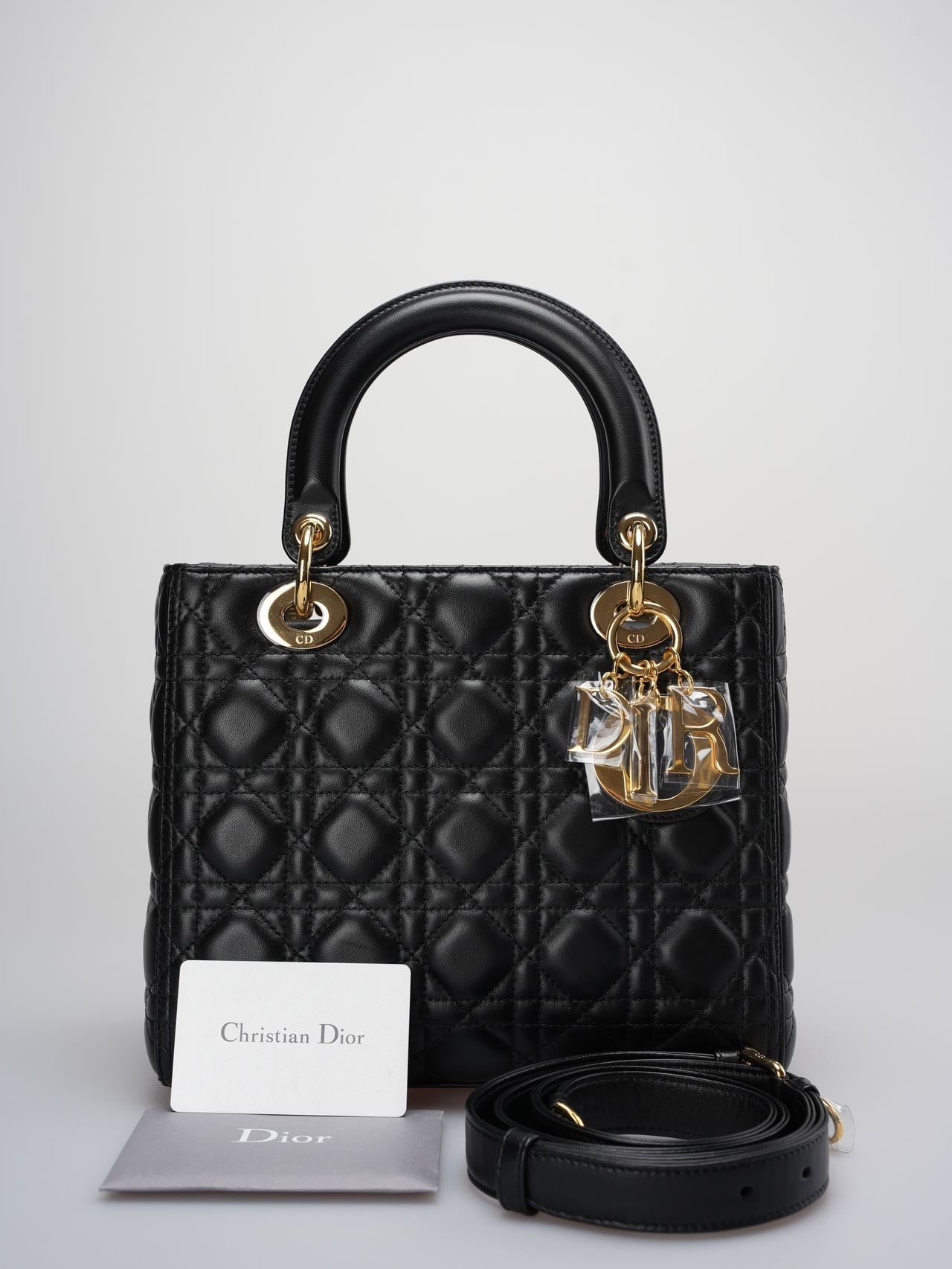 Christian Dior Black Medium Bag in Cannage Lambskin Leather with Gold Hardware