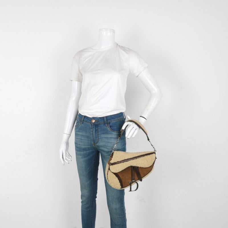 Dior Saddle   Shoulder Bag Shearling Brown and While