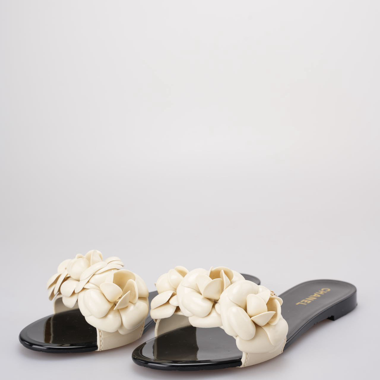 Chanel Black / White Rubber Camellia Flower Slide Sandals Size 36