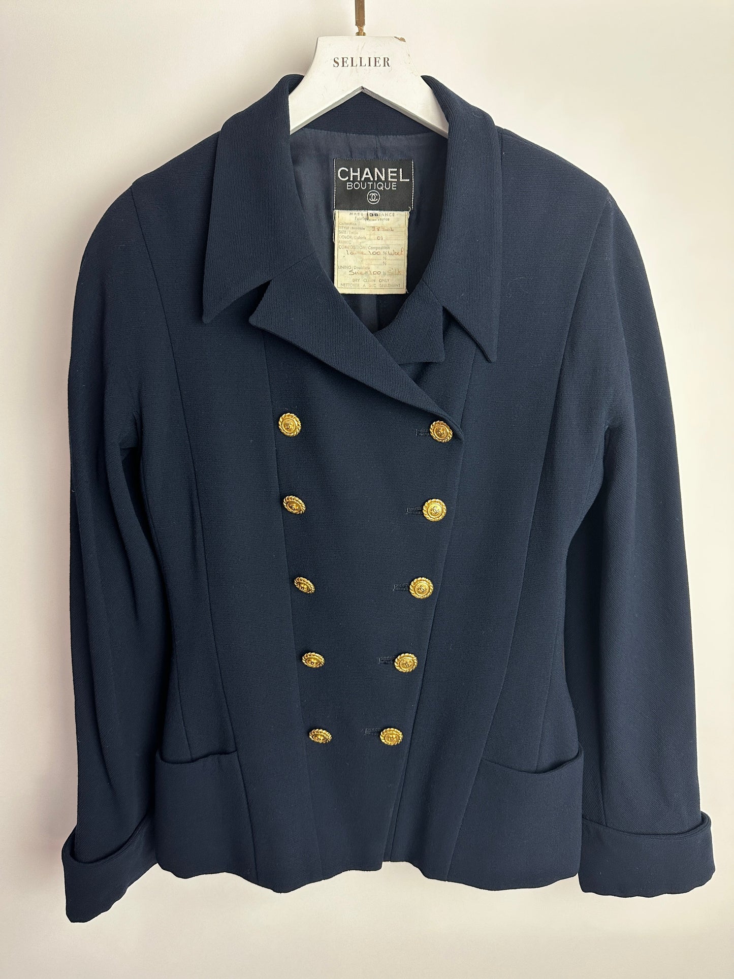 Chanel   Navy Double Breasted Wool Blazer Jacket and Skirt Set with Gold CC Logo Button Detail FR 38 (UK 10)