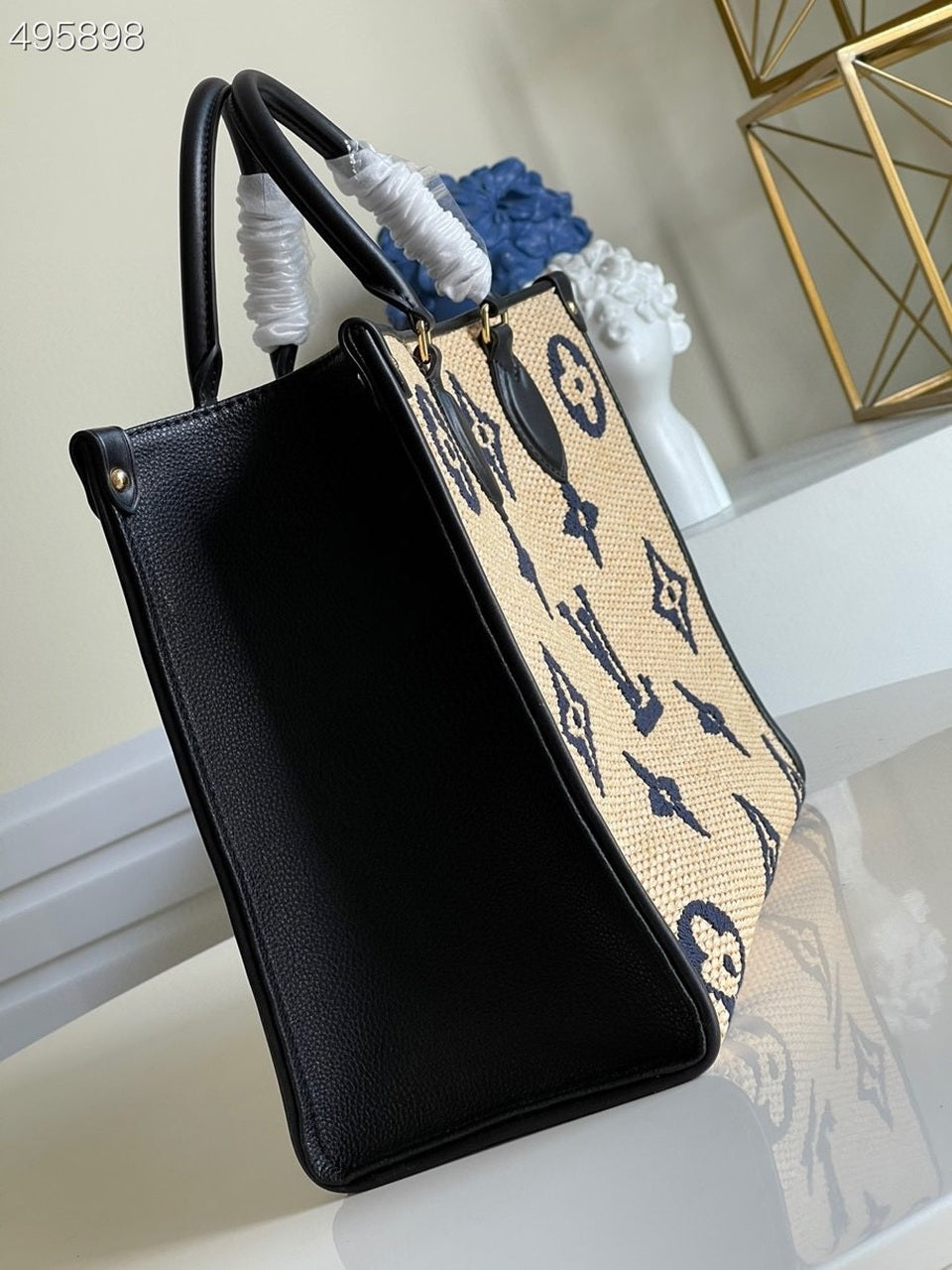 Top Quality OnTheGo MM Tote Bag Monogram Raffia Navy Blue For Women,  Shoulder Bags 13.8in/35cm Top Quality M57723