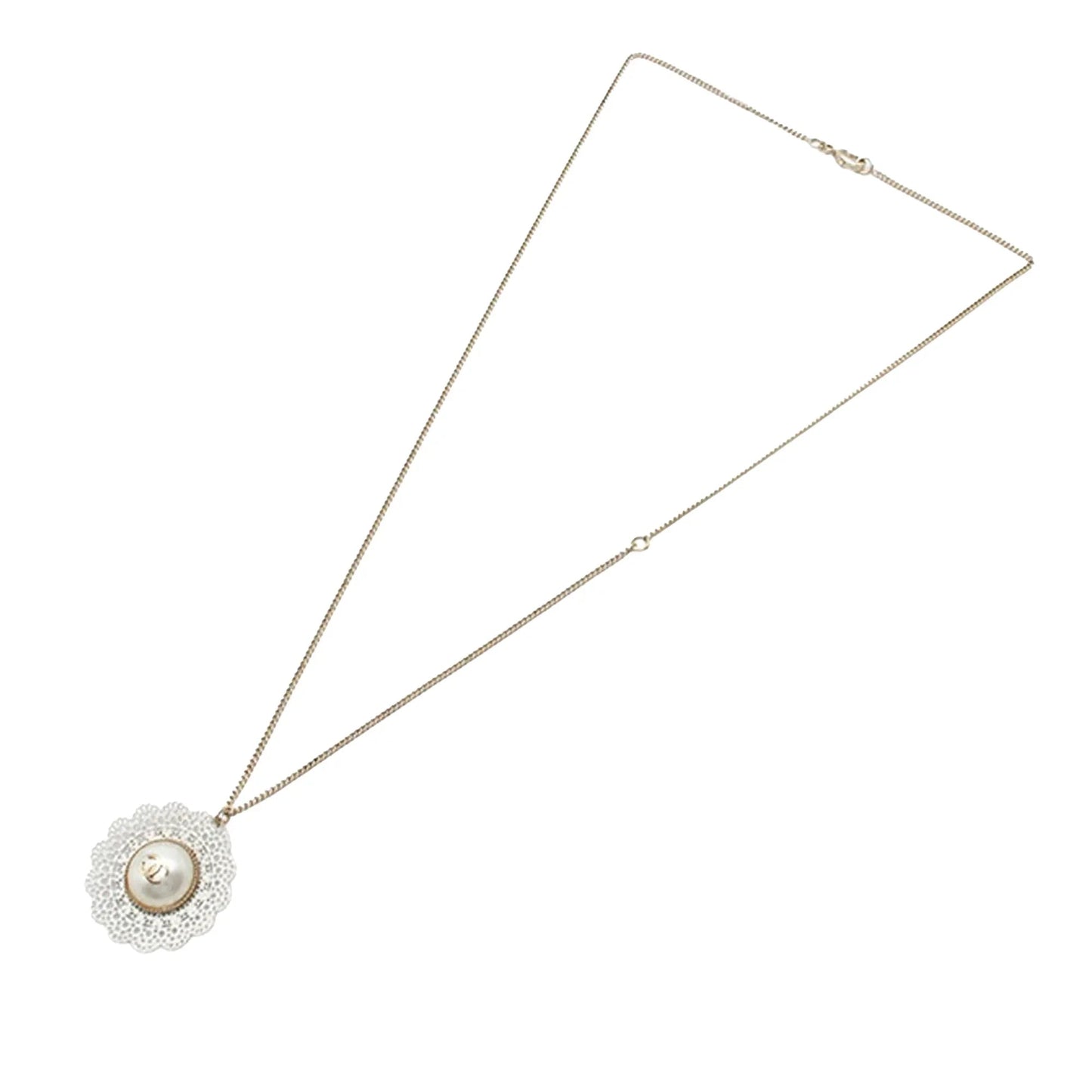 Gold Chanel Gold Plated CC Faux Pearl Lace Pendant Necklace