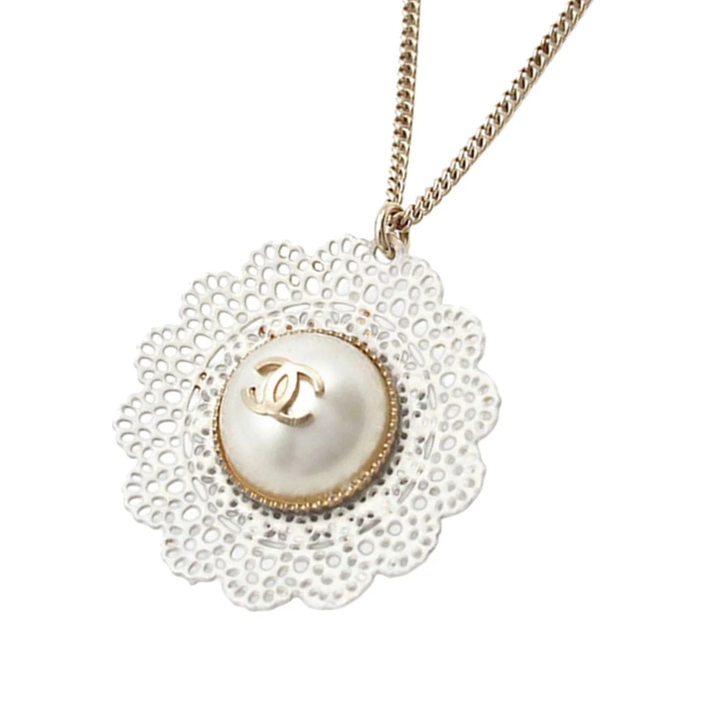 Gold Chanel Gold Plated CC Faux Pearl Lace Pendant Necklace