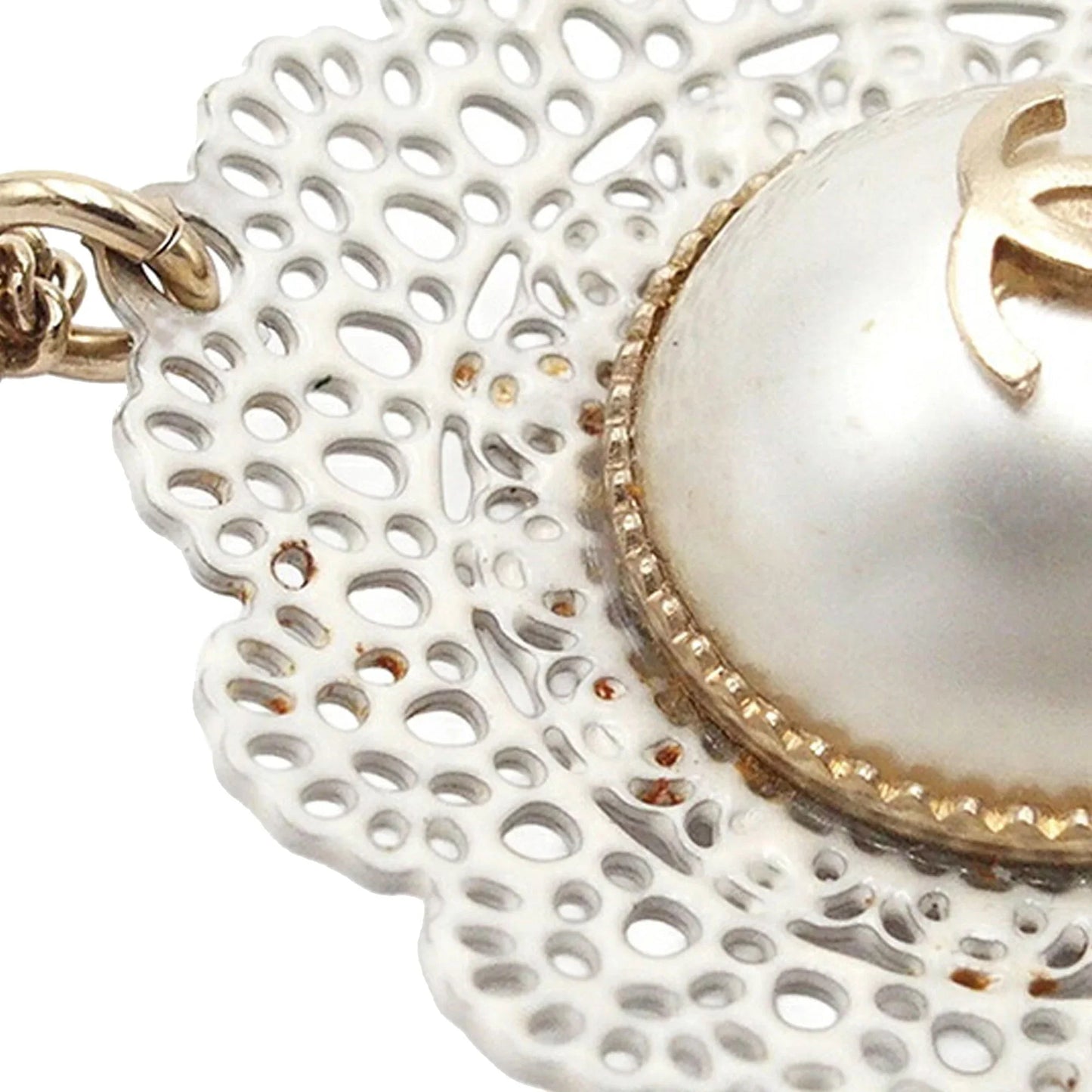 Gold Chanel Gold Plated CC Faux Pearl Lace Pendant Necklace
