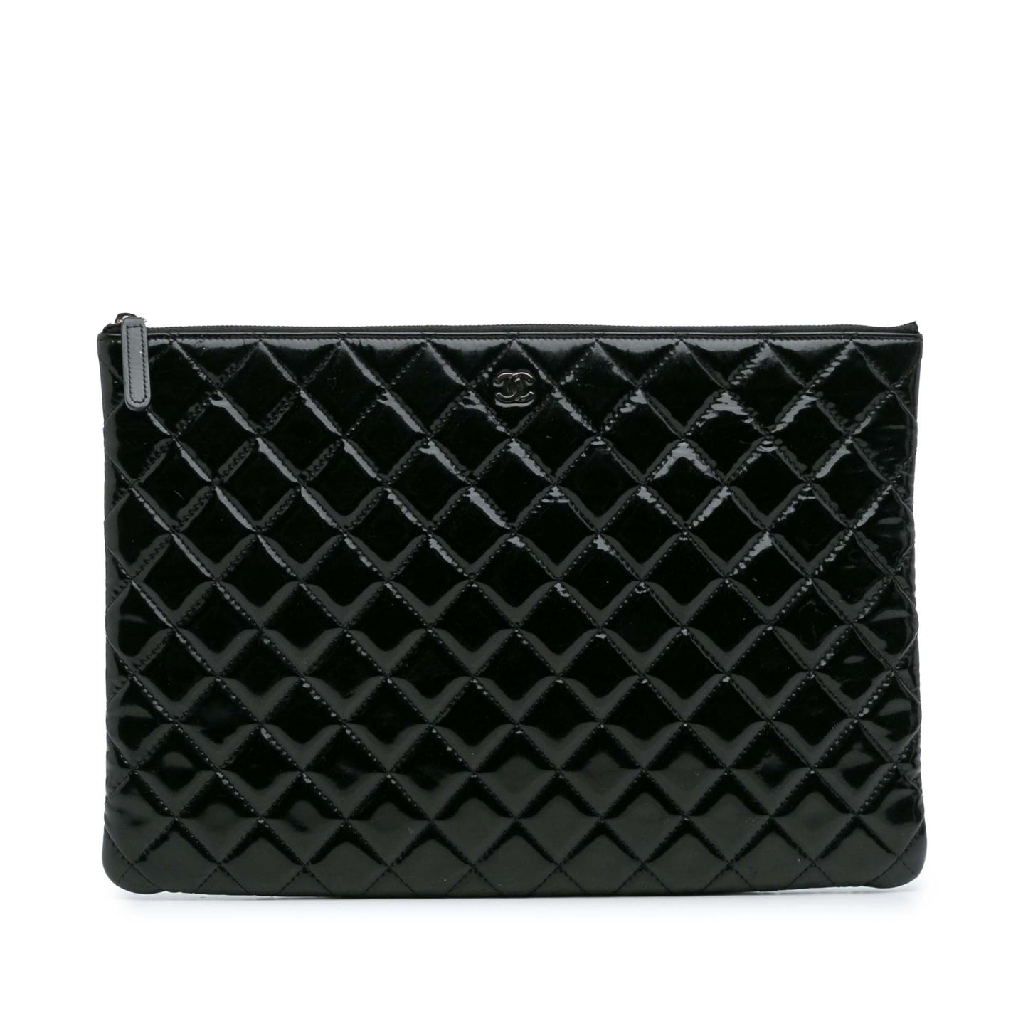 Black Chanel Large Quilted Patent O Case Clutch