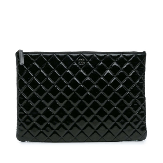 Black Chanel Large Quilted Patent O Case Clutch
