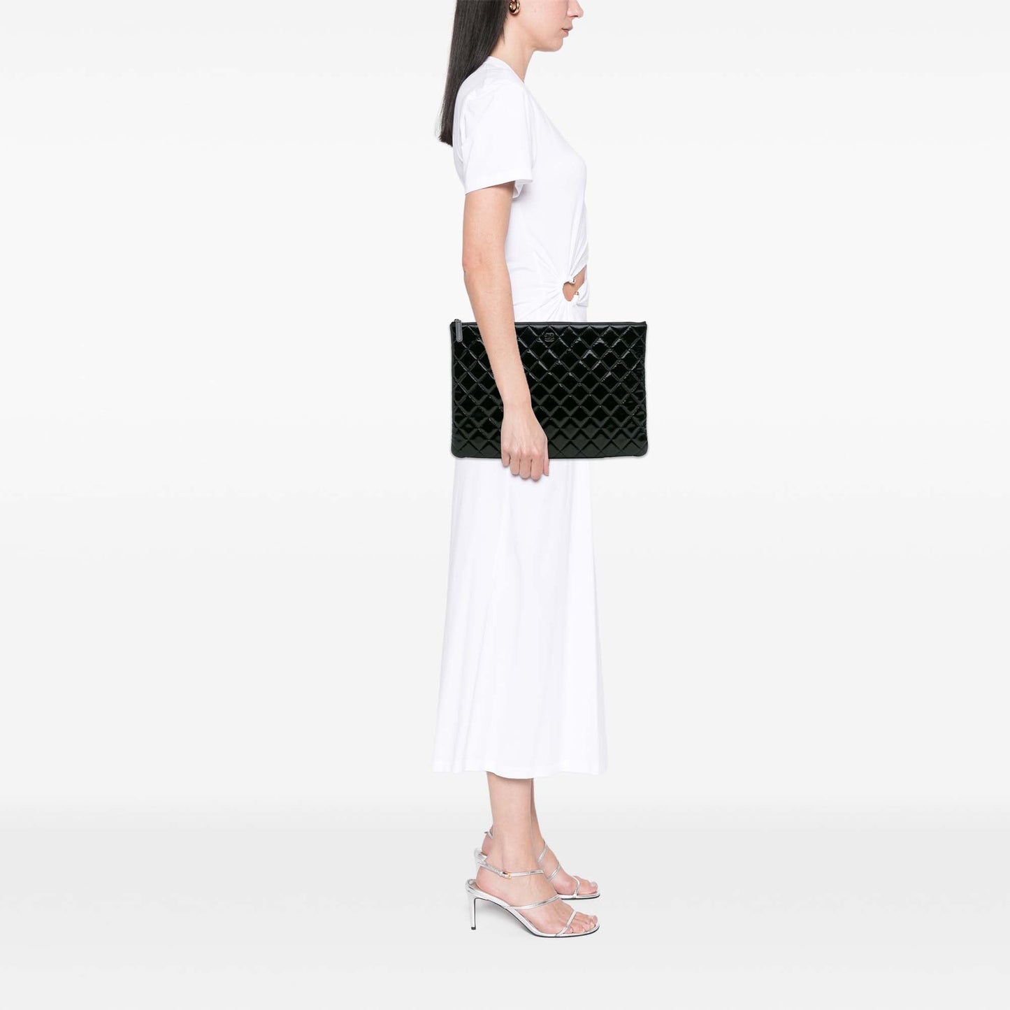 Black Chanel Large Quilted Patent O Case Clutch