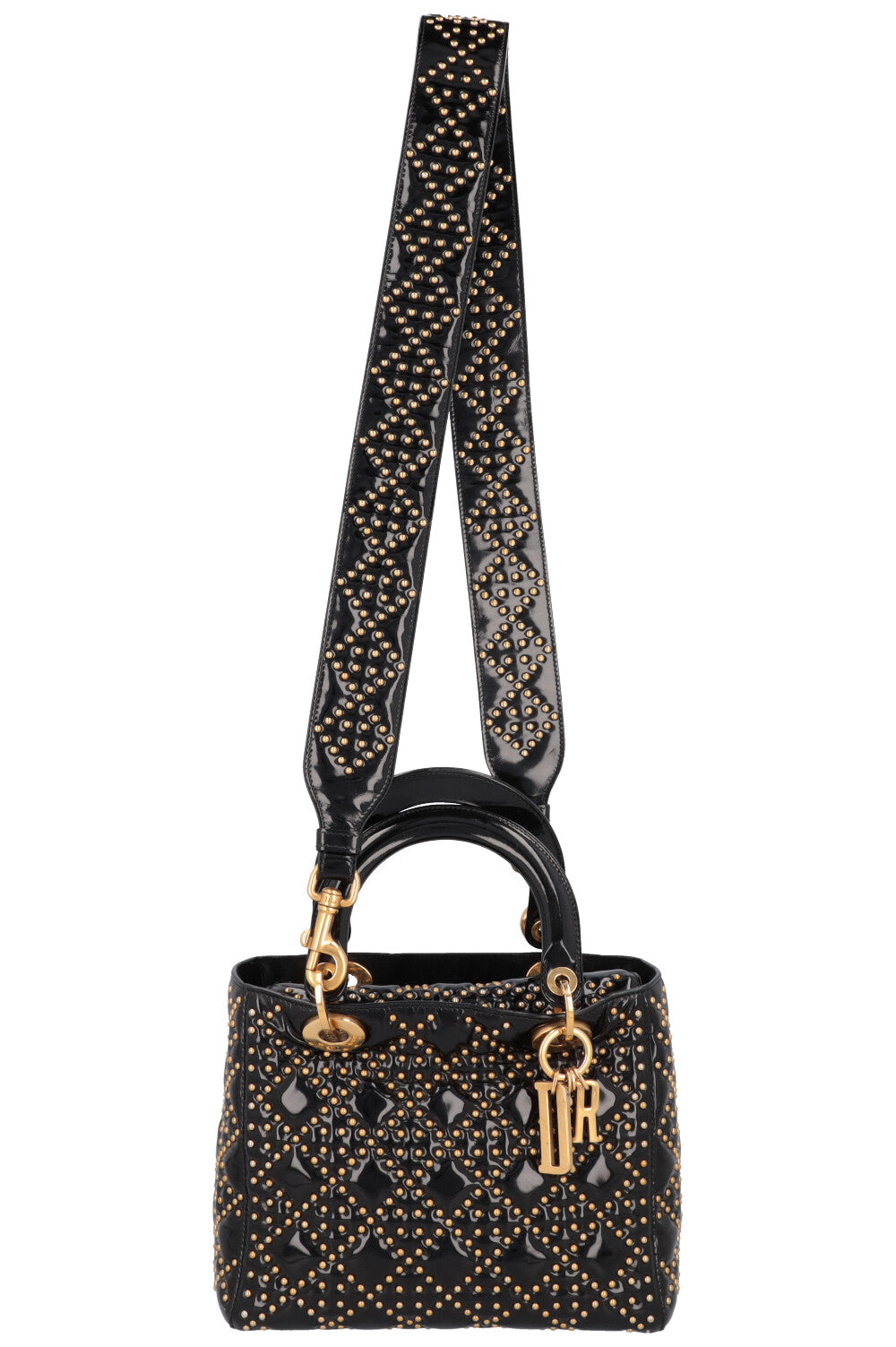 CHRISTIAN DIOR Medium Lady Dior Studded Patent Black Gold