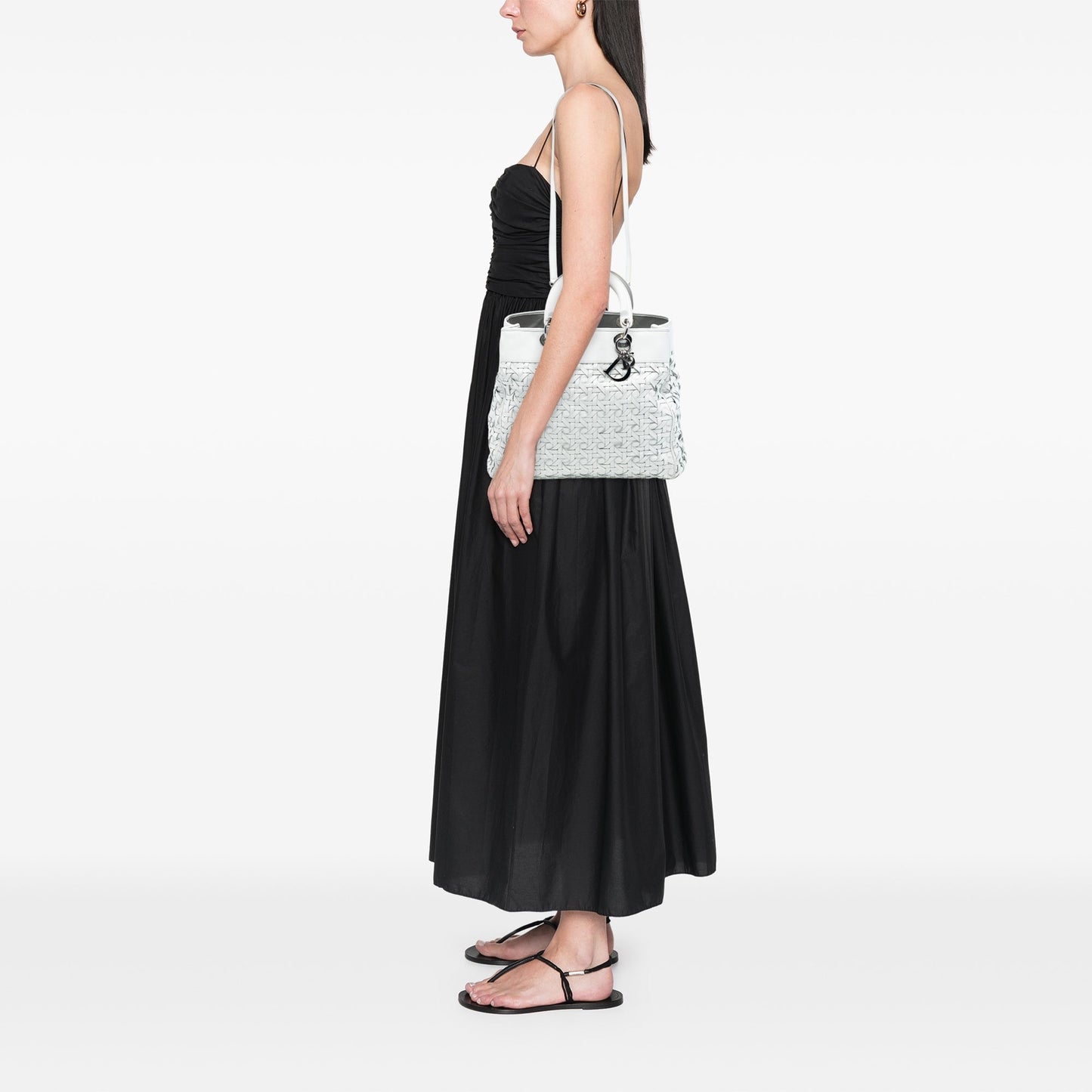White Dior Woven Lambskin Lady Dior Avenue Tote Satchel