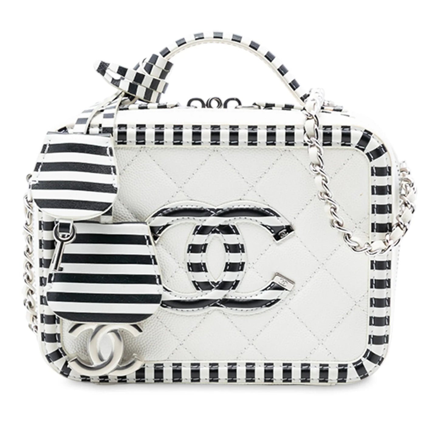 White Chanel Small Caviar Striped CC Filigree Vanity Case Satchel