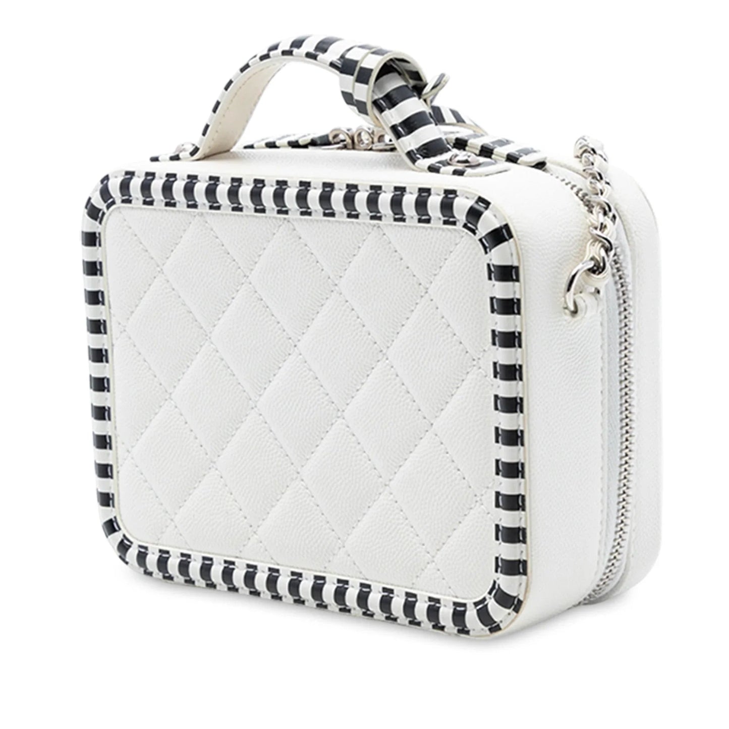 White Chanel Small Caviar Striped CC Filigree Vanity Case Satchel