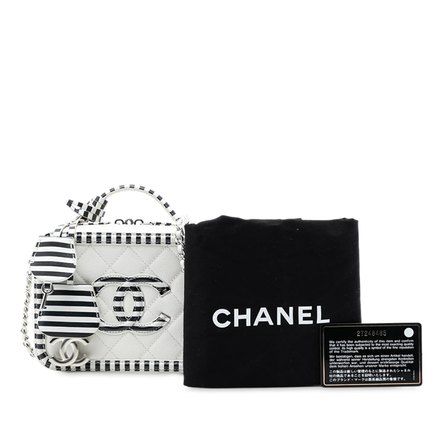 White Chanel Small Caviar Striped CC Filigree Vanity Case Satchel